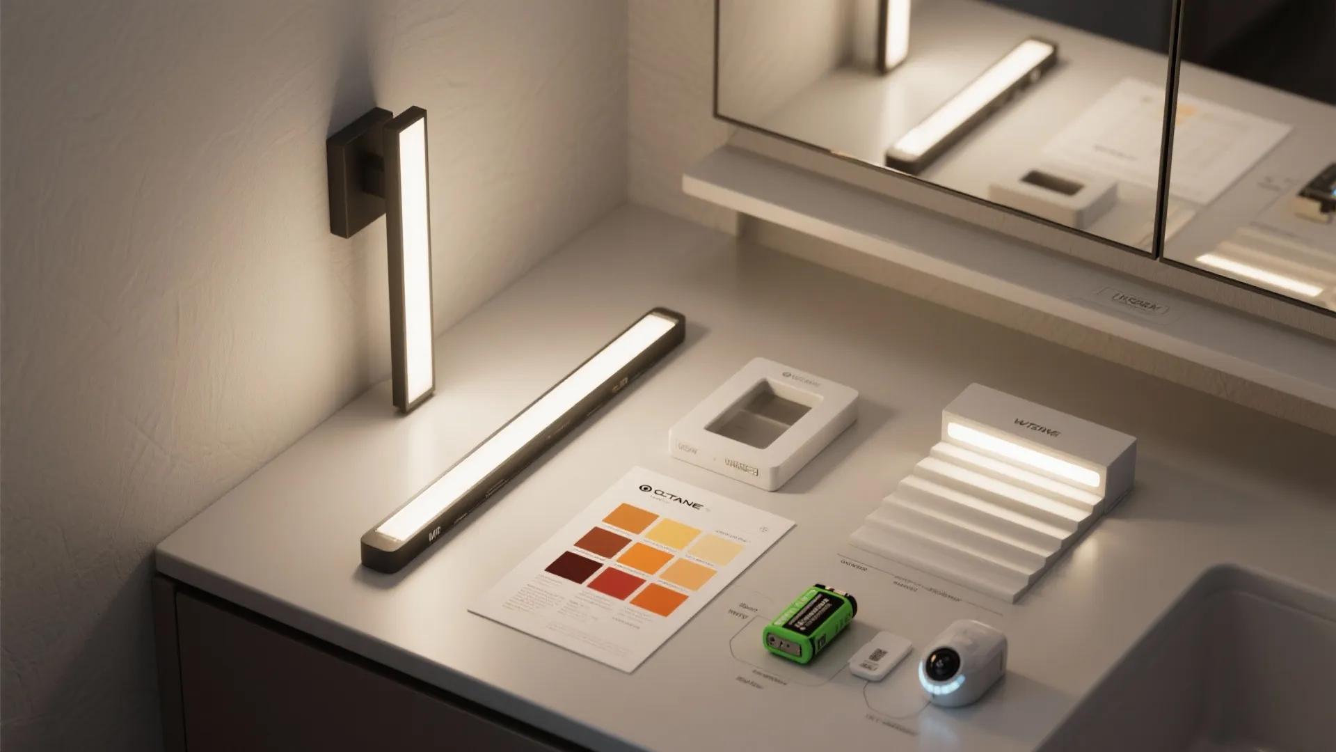 Table top with light strips color samples a small battery and white wall light fixtures