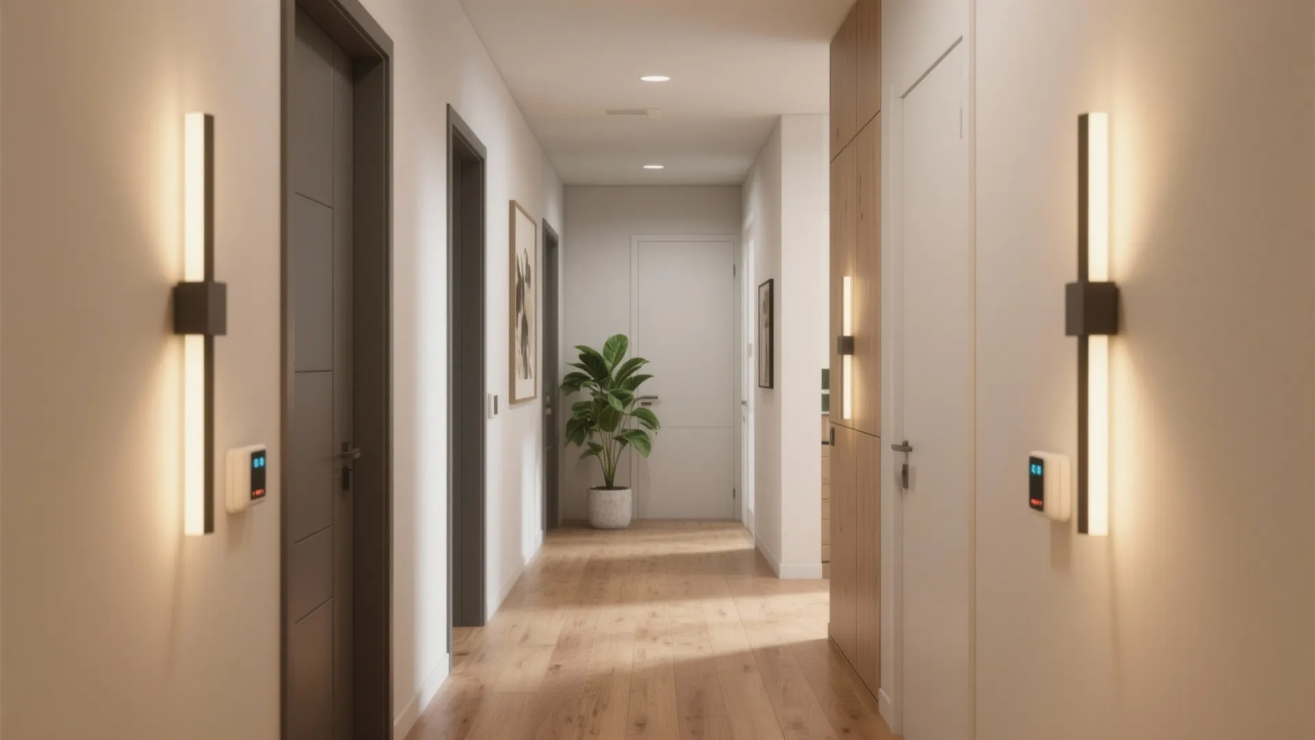 Modern narrow hallway with light wood floors white walls warm wall light and green plant