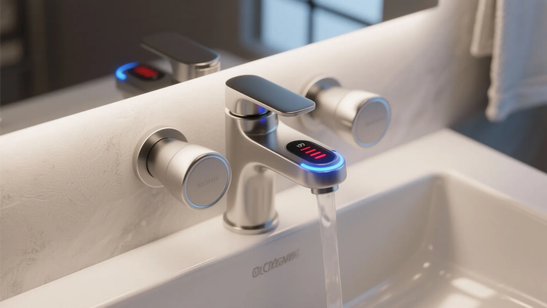 Modern silver sink faucet with digital temperature display and blue light ring flowing into sink