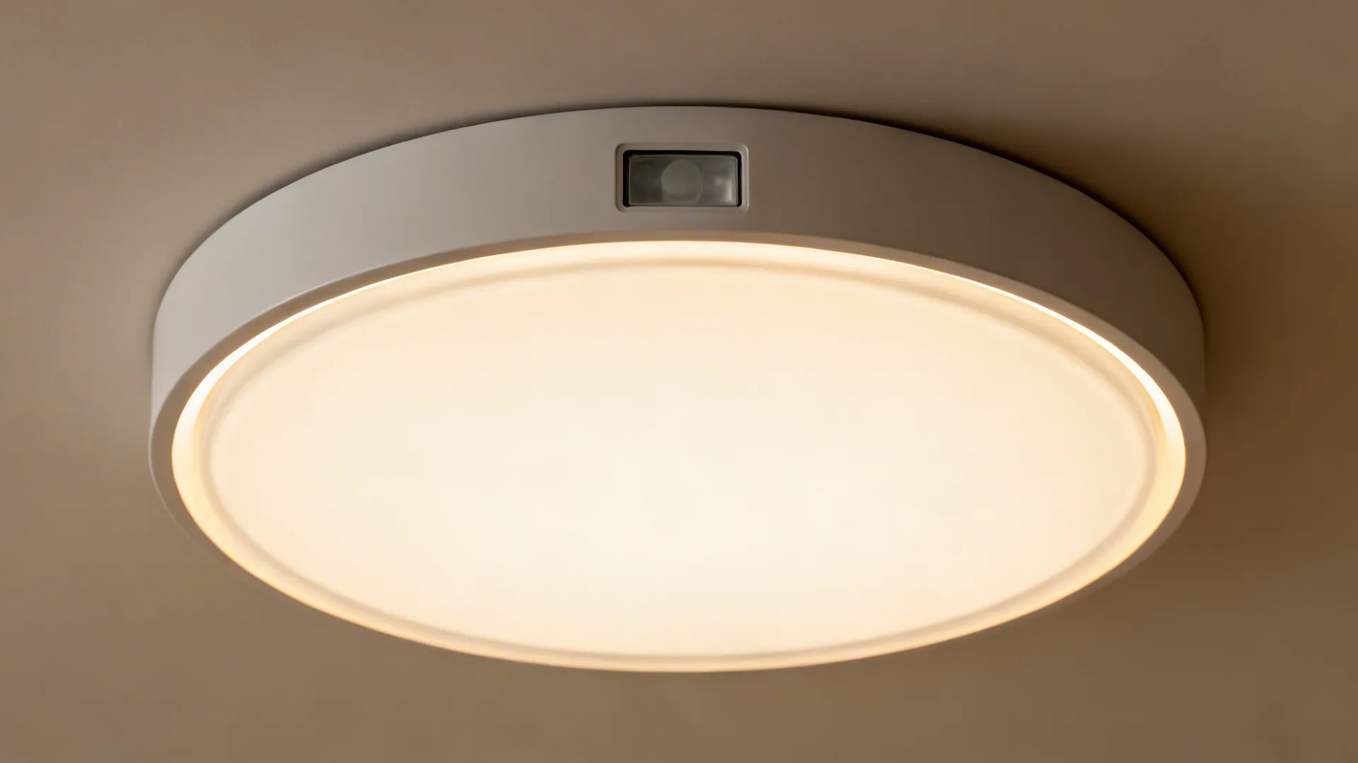 Close-up of a flush mount with a discreet integrated motion sensor and frosted diffuser.