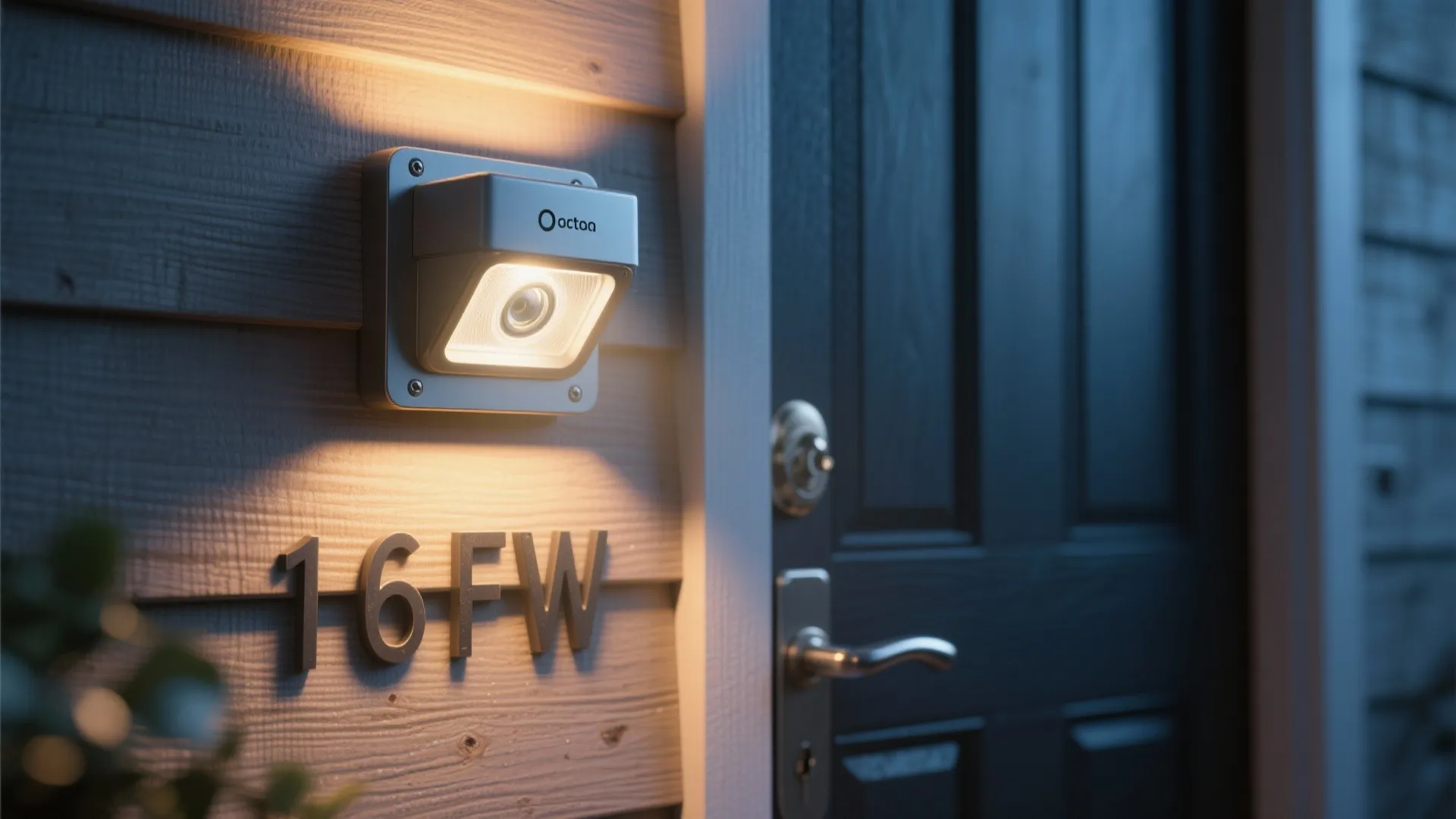 Close up of smart motion sensor light mounted on wooden wall beside black front door