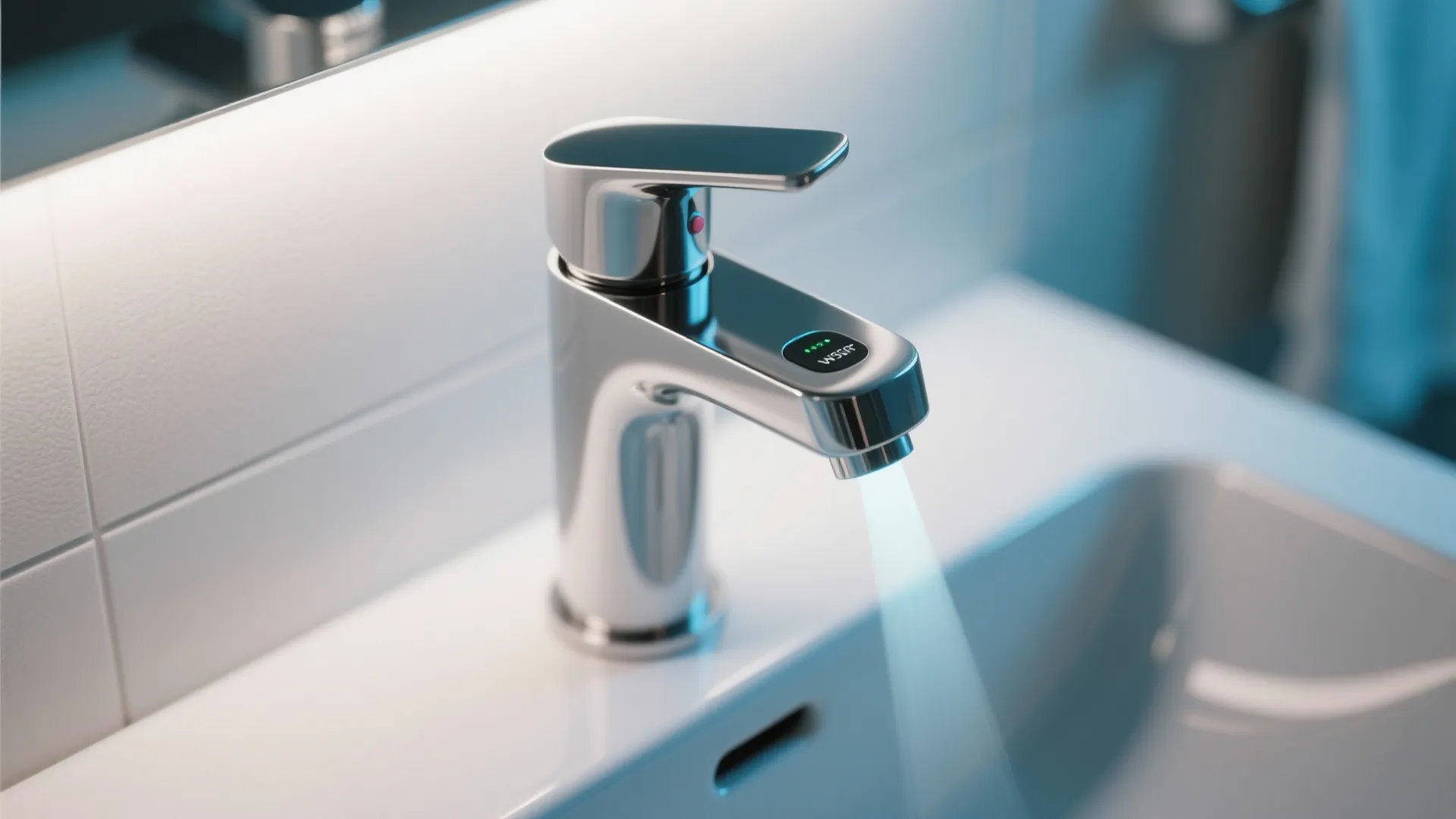 Modern chrome bathroom faucet with digital sensor display and blue light beam on white sink