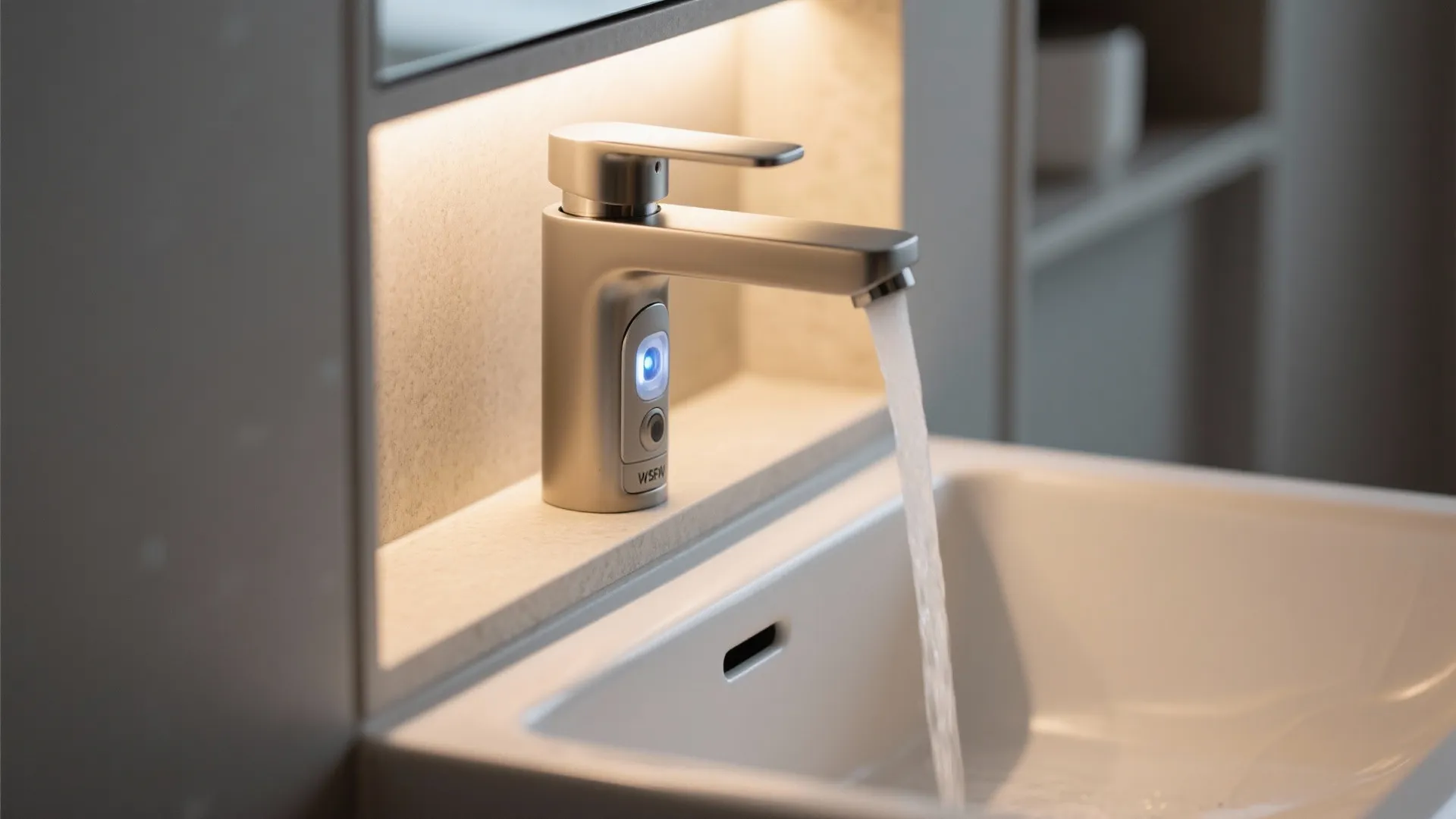 Modern silver sensor water faucet with blue light indicator pouring water into a white washbasin