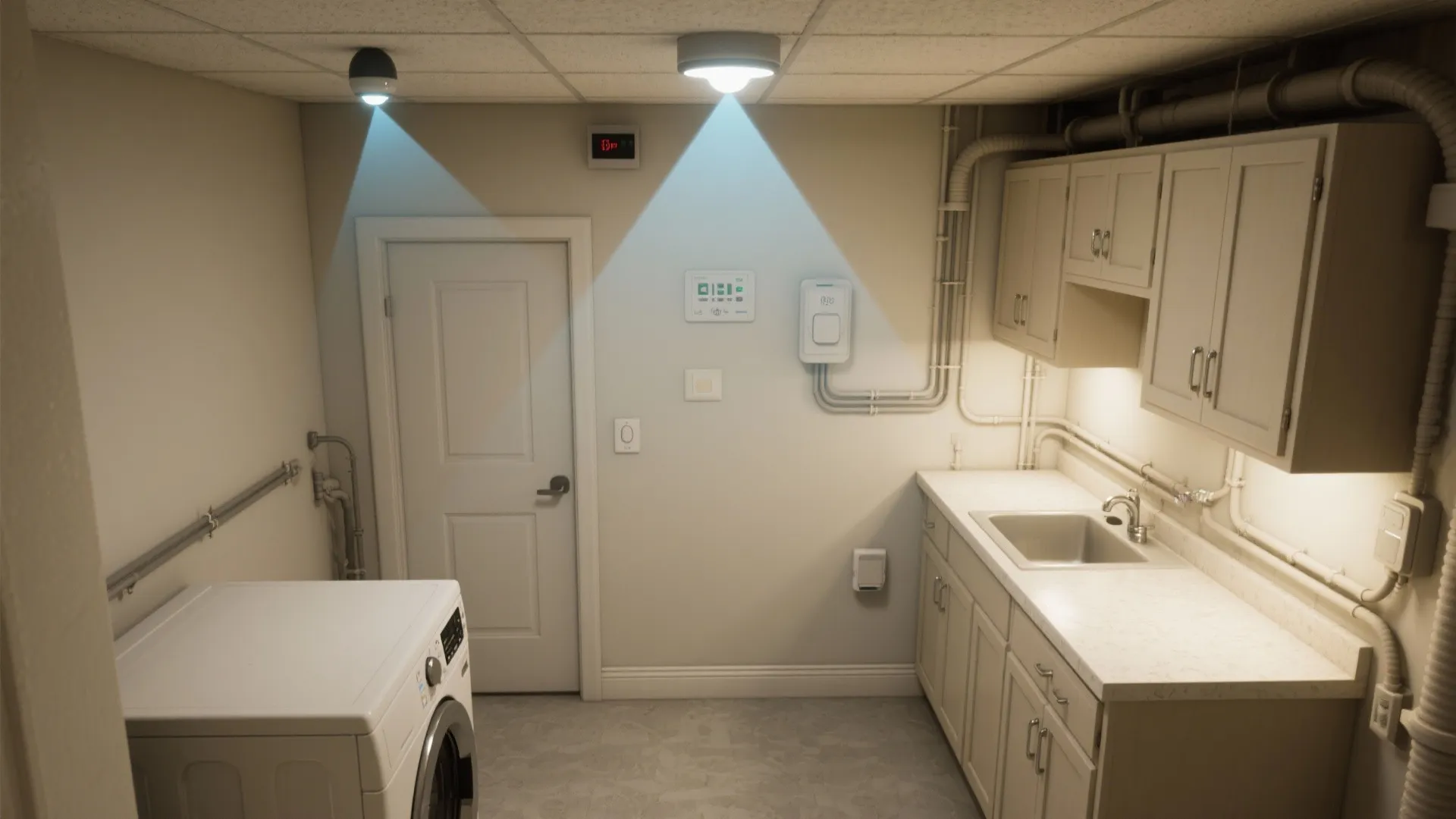 Top down view of a laundry room featuring two motion sensor lights washing machine and sink