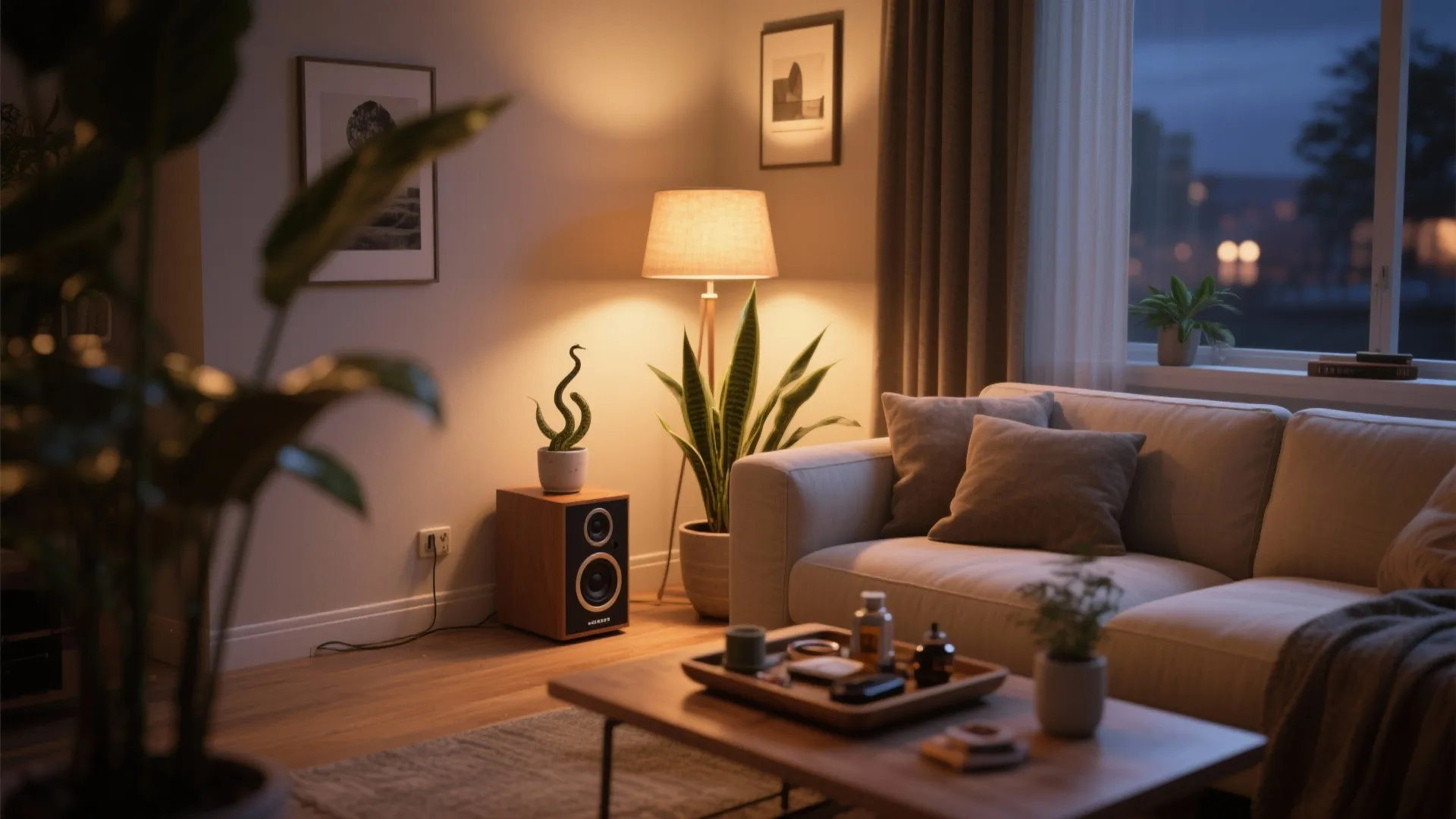 Cozy living room with grey sofa, floor lamp, green plants, wood speaker and warm evening lighting