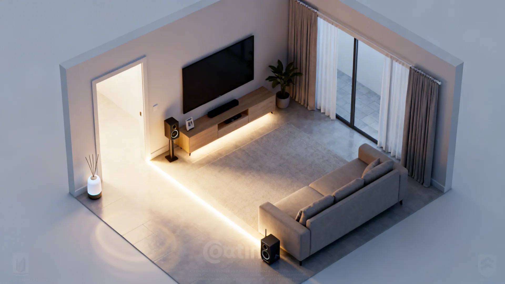 Top-down layout showing diffuser by the door, speaker near seating, and a warm lighting path.
