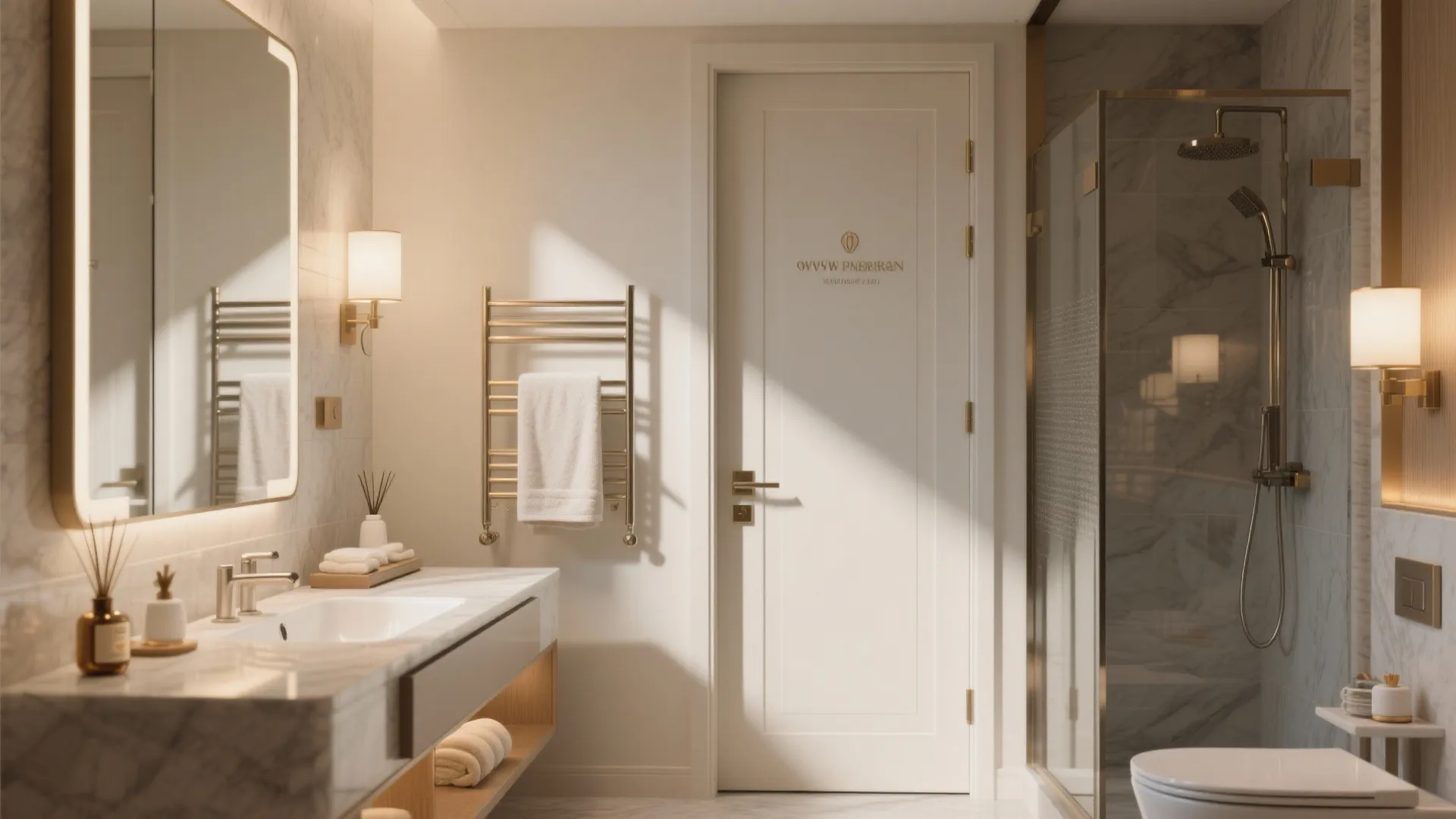 Bright bathroom interior with white door marble counter glass shower wall light and warm towel rack