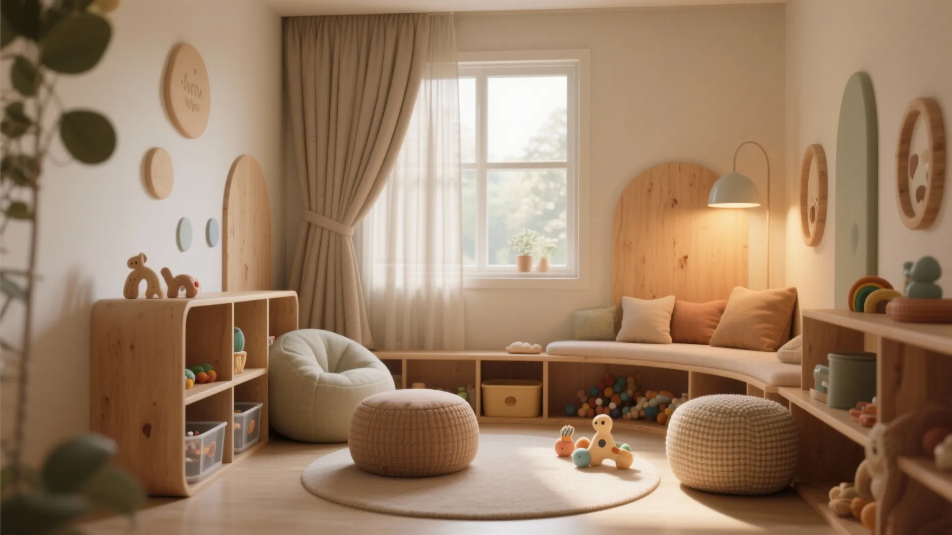 Cozy sensory room with curved wooden seating light wood shelves soft cushions and warm floor light