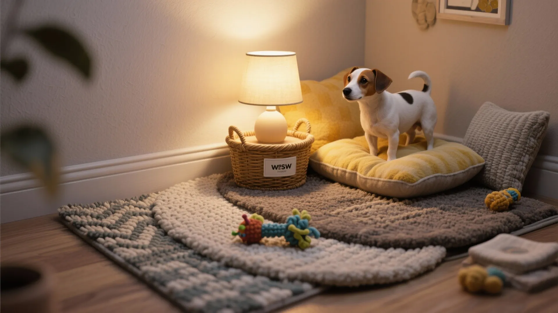 Cozy dog corner with soft cushions a small table lamp in basket and knitted floor mats
