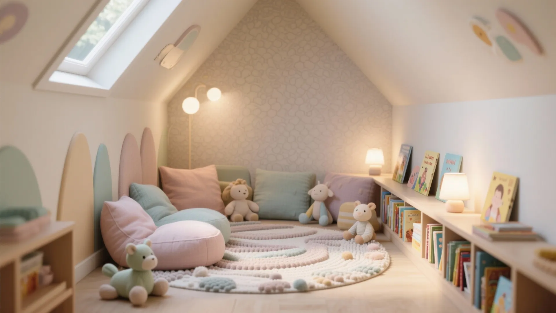 Cozy attic playroom corner with soft pillows stuffed toys round rug and low bookshelf books