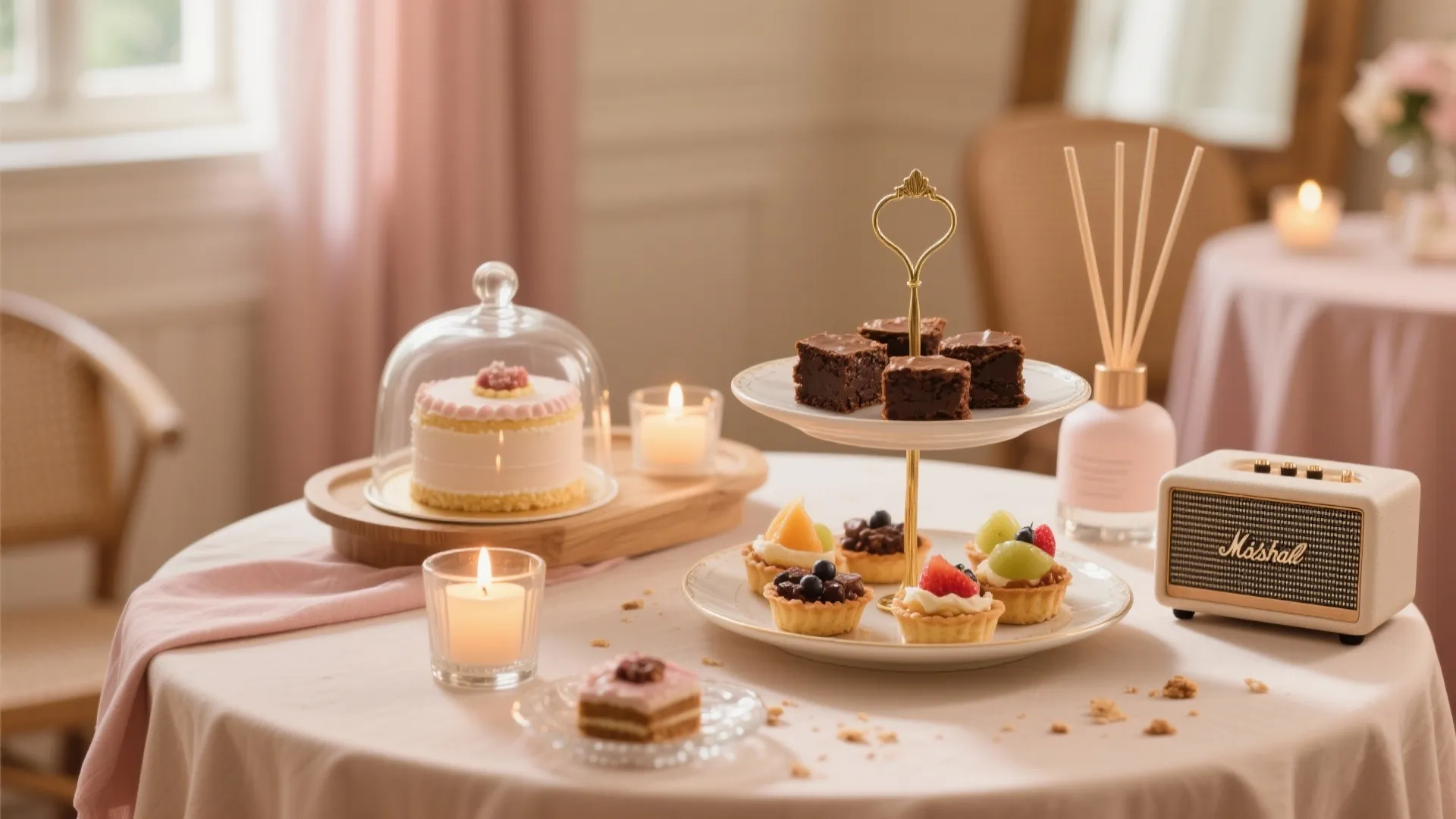Dining table with tiered cake stand holding brownies and fruit tarts near candles and speaker