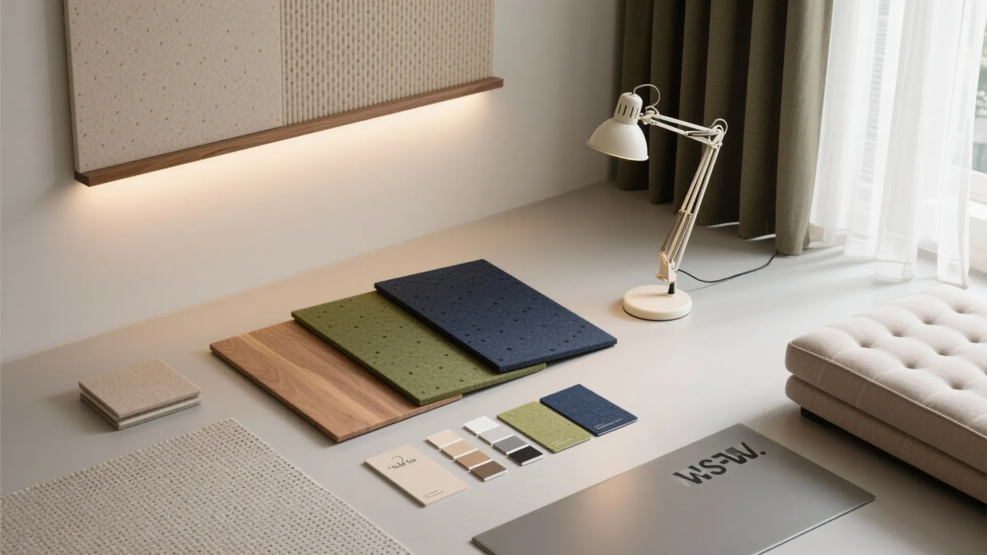Interior design material board with wood samples fabric swatches white desk lamp and grey sofa cushions