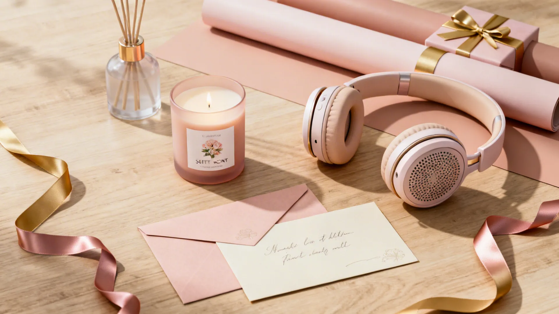 Flat-lay of candle, reed diffuser, headphones, and handwritten card in warm neutral tones.