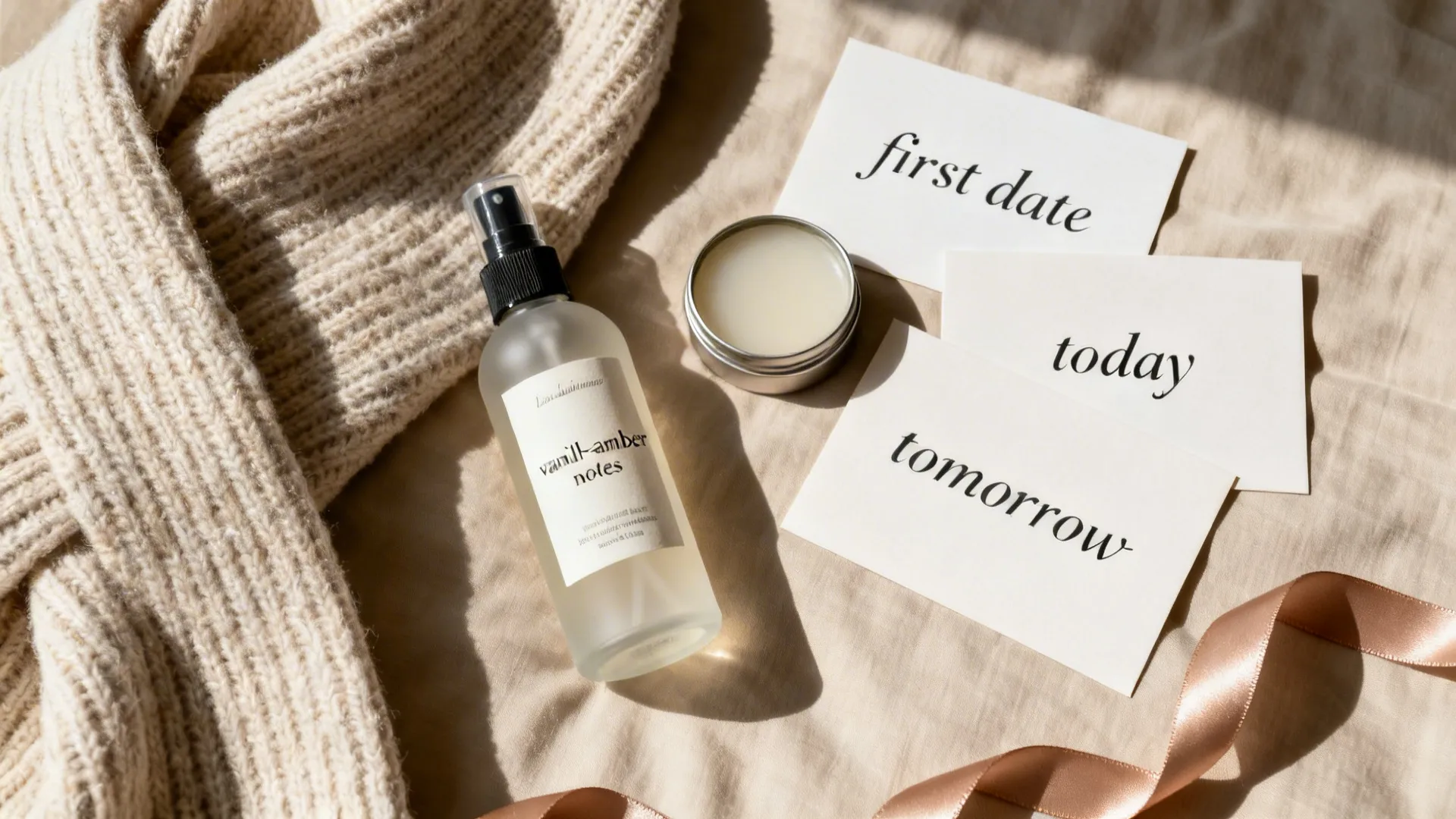 Perfume spray bottle with white cards and a beige sweater on a neutral fabric background surface