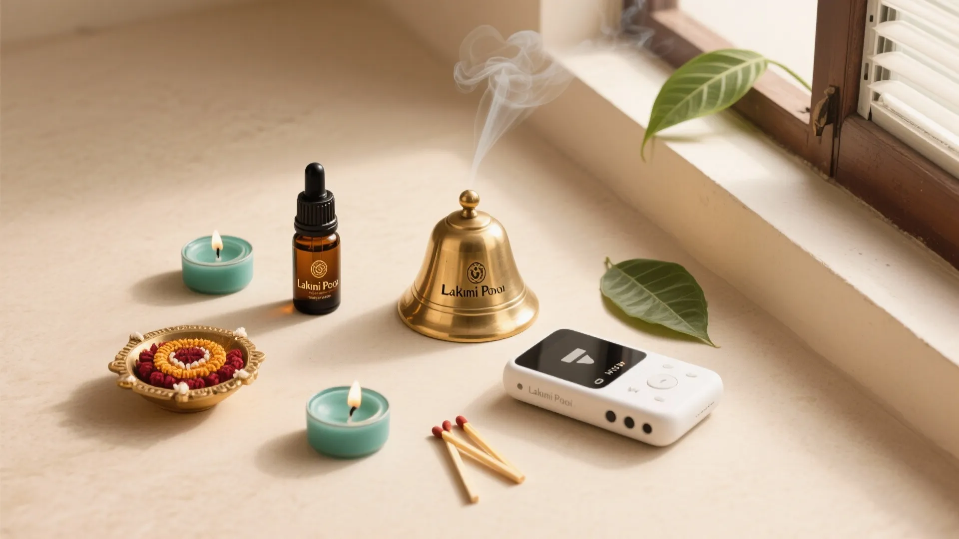 Tabletop display with golden bell essential oil bottle blue candles and white digital device near window