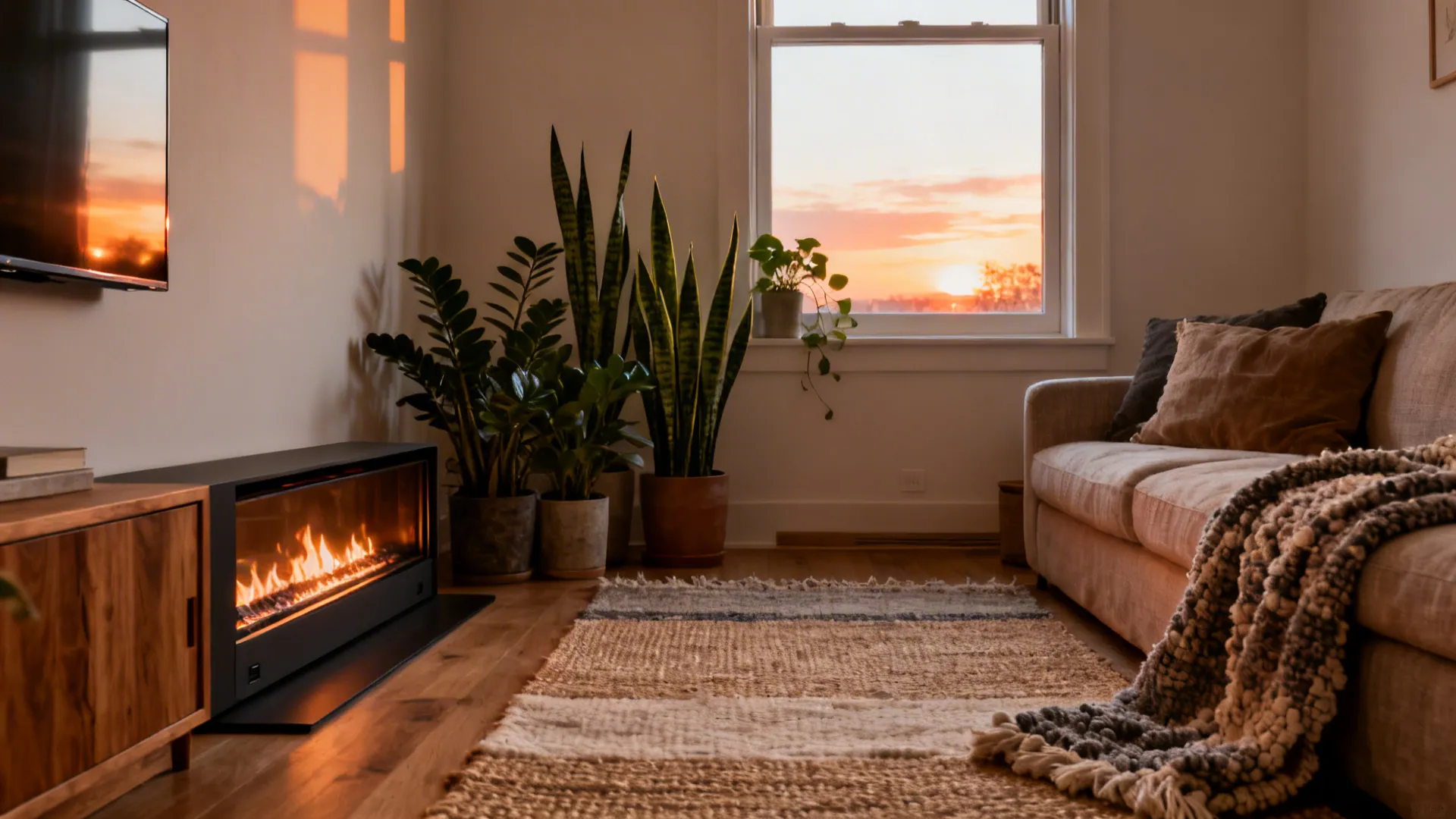 Cozy TV-free living room with an ethanol fireplace, plants, and layered textiles in warm light.