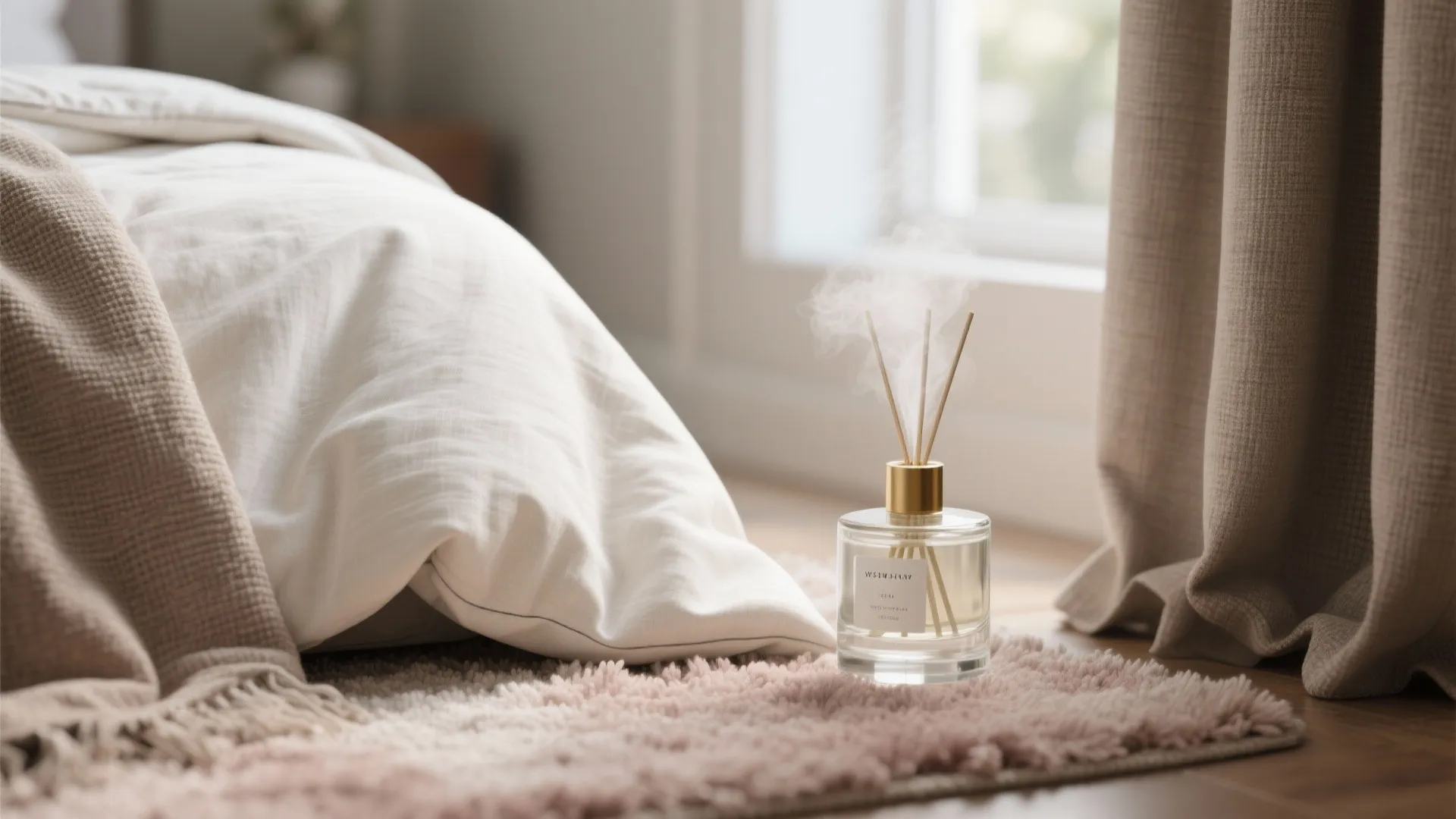 Glass reed diffuser bottle with smoke on a pink rug next to a white bed