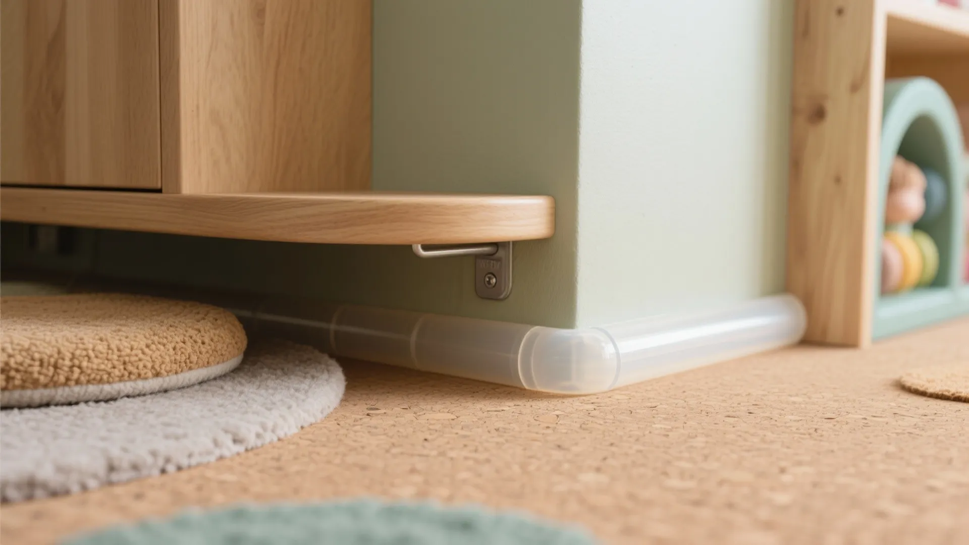 Close up of wooden shelf corner with metal bracket above clear floor protector on floor
