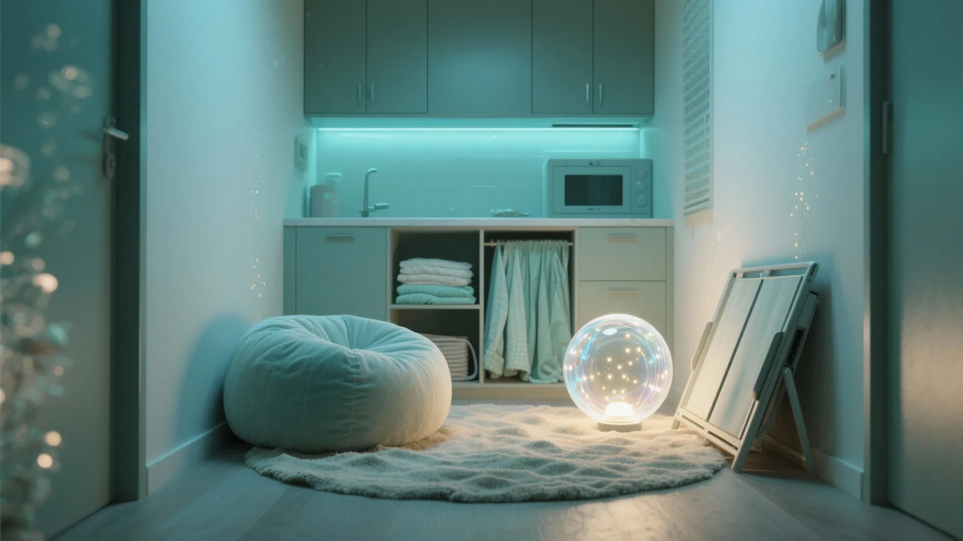 Small laundry room with a bean bag chair round rug glowing glass ball and cabinets