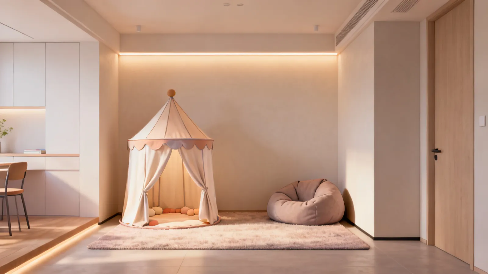Small sensory zone layout with canopy, rug and lighting