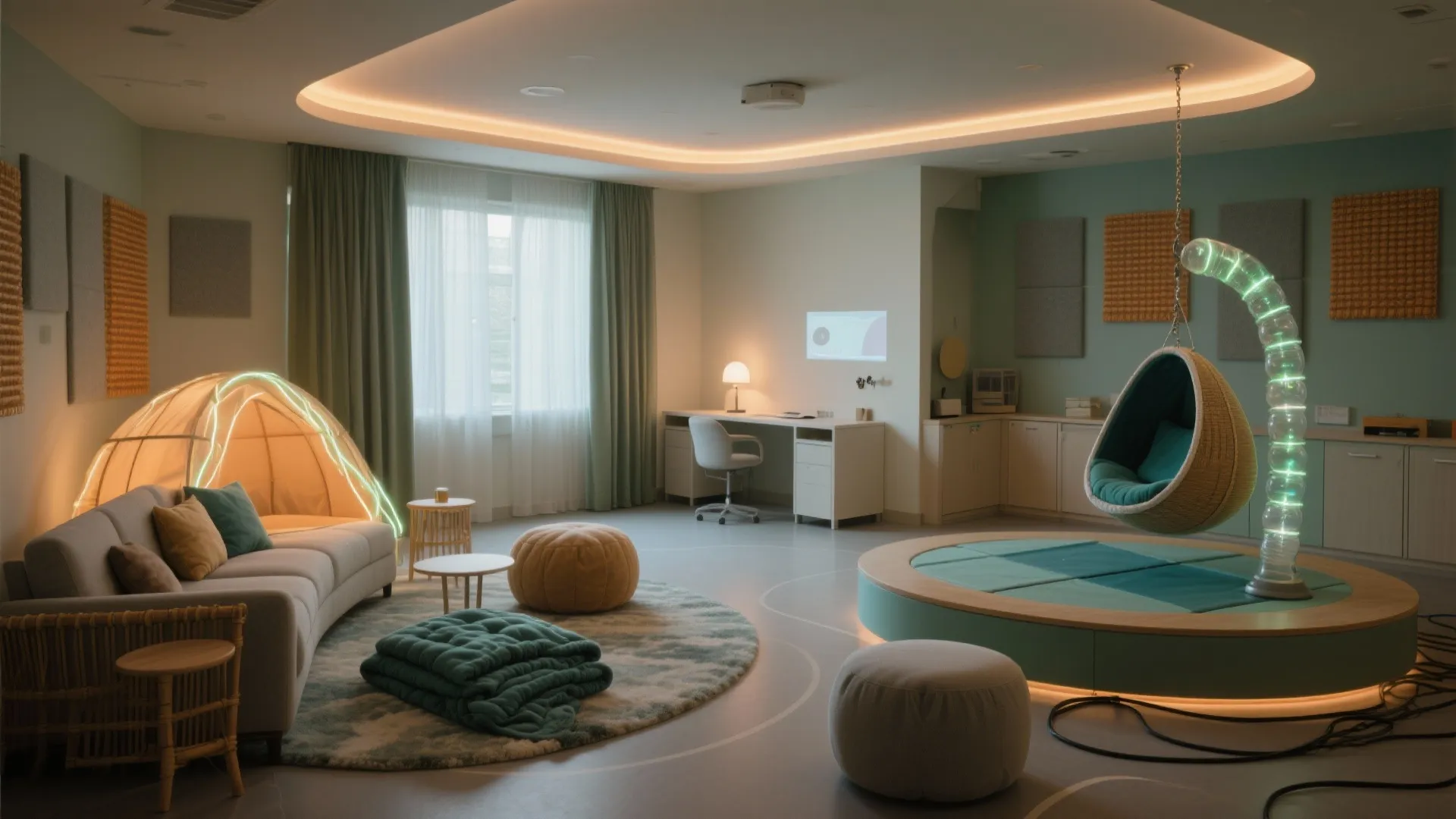 Modern sensory room with beige sofa, glowing tent, hanging egg chair, desk, and soft light