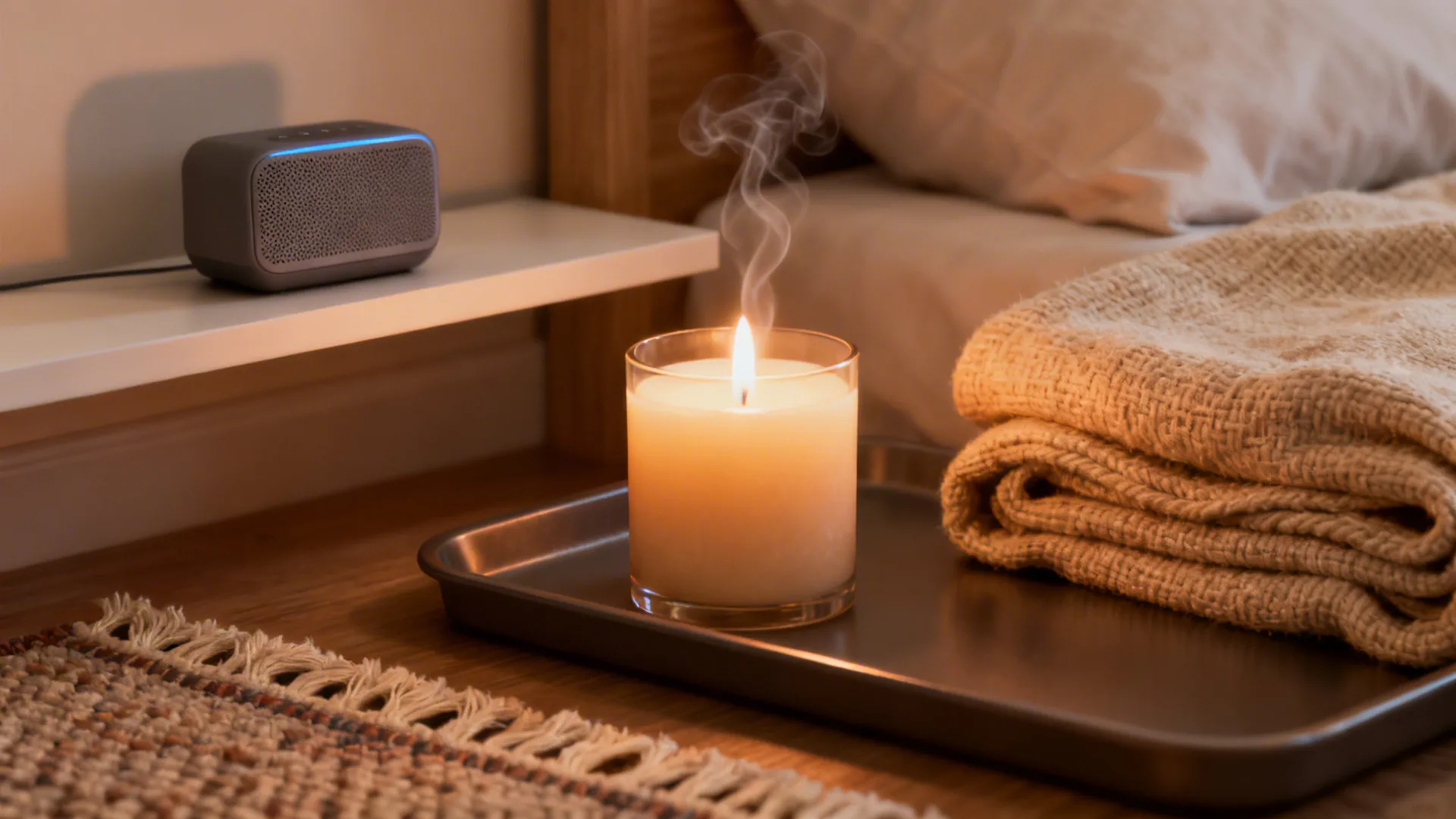 Close-up of a candle, natural-fiber throw and a Bluetooth speaker adding scent, texture and sound.