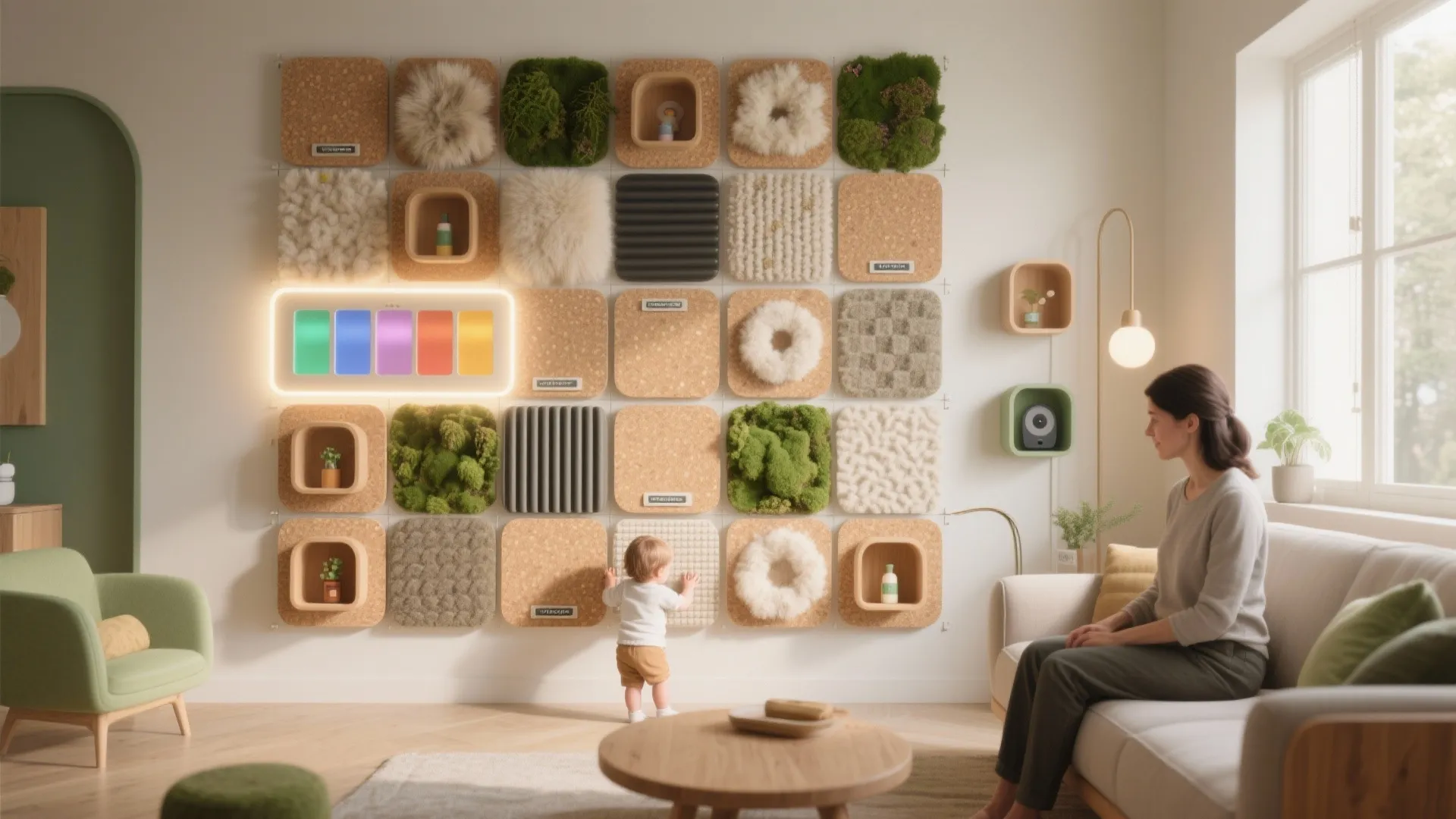 Child touching tactile wall panels with moss and cork while woman sits on white living sofa