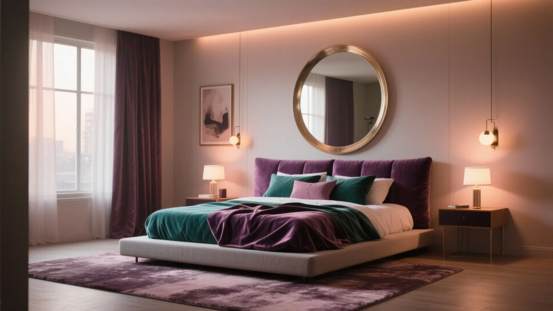 Bedroom with purple and green velvet bedding a round gold mirror and purple window curtains