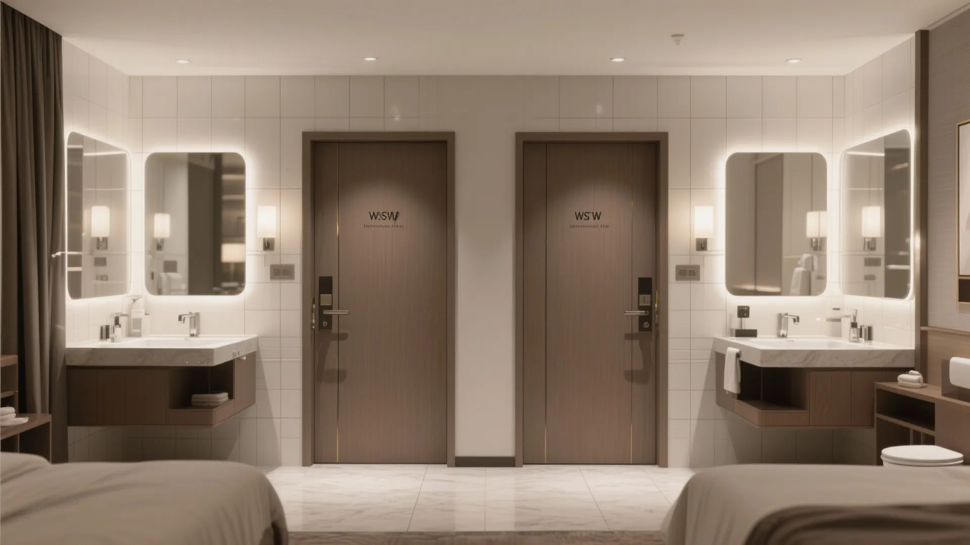 Two separate modern bathroom entrances in a hotel suite highlighting privacy.