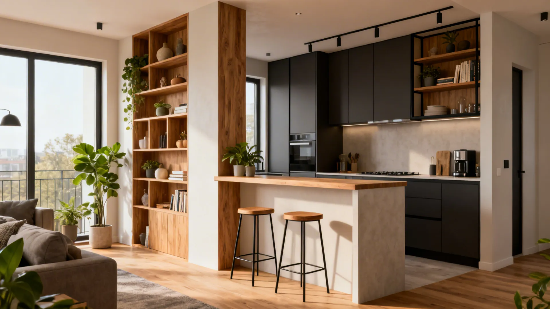Modern open kitchen with black cabinets wood shelves breakfast bar stools and indoor green plants