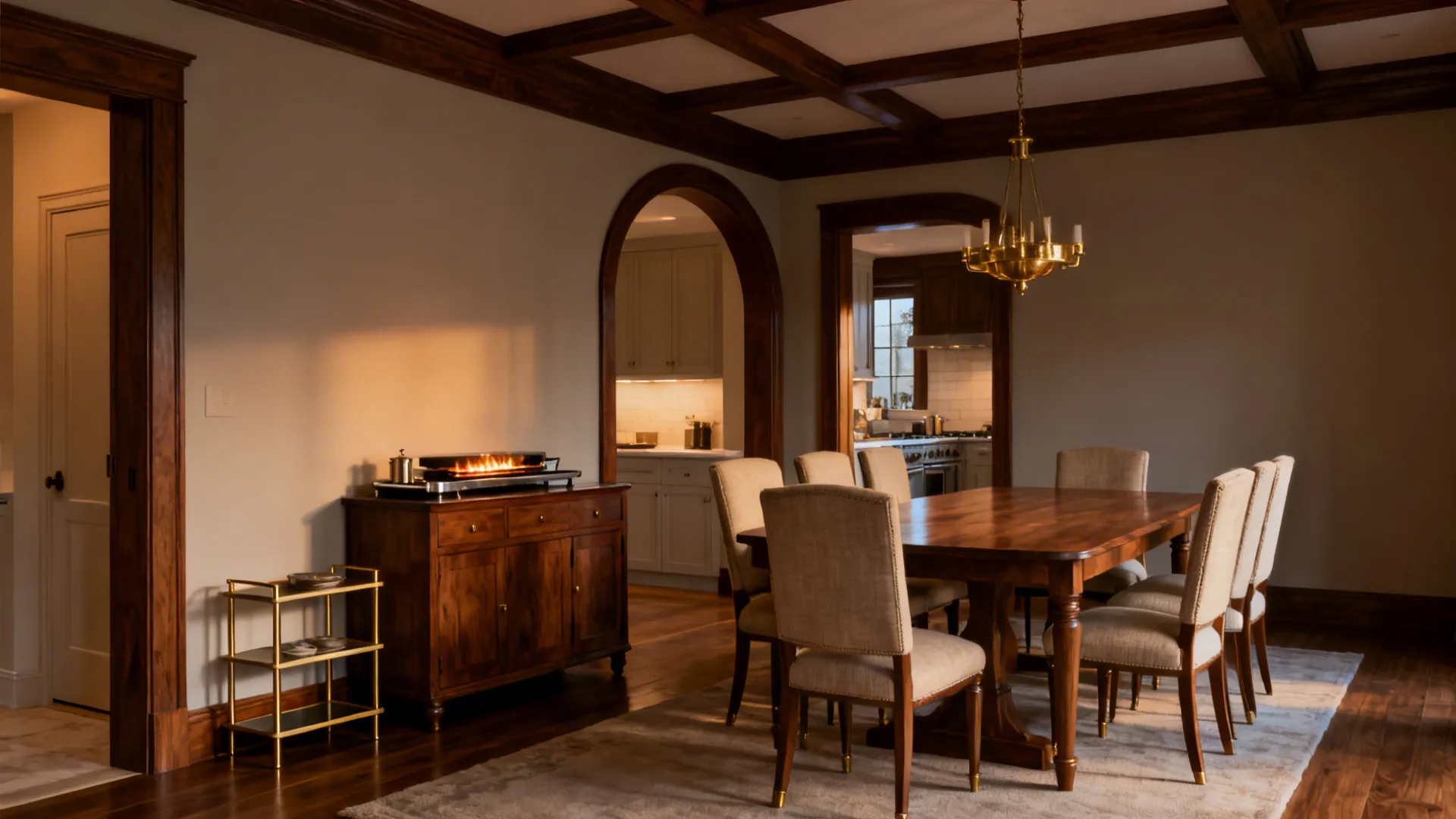 Elegant separate dining room with a sideboard and a staging shelf near the entry, softly lit.