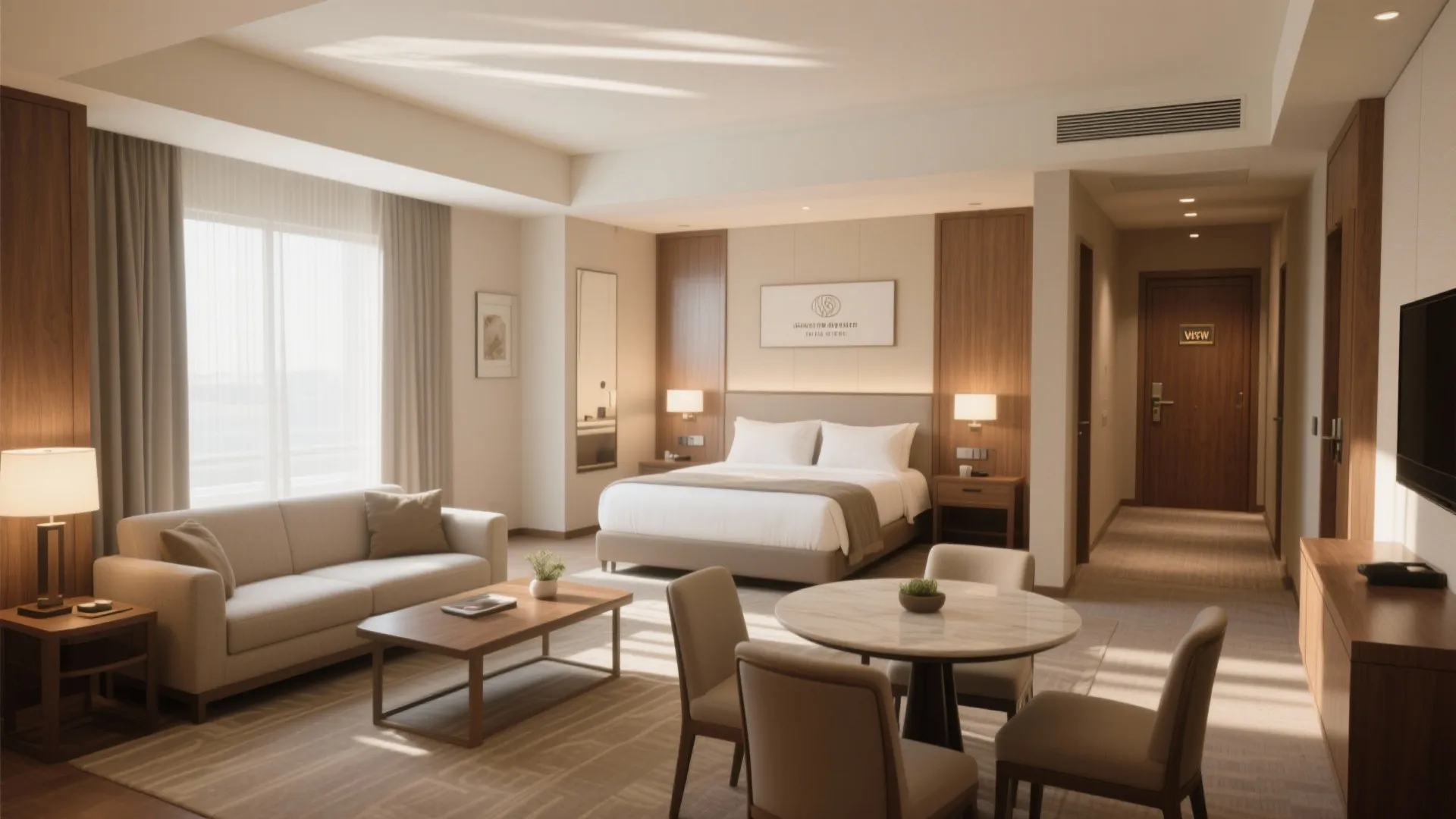 Modern hotel suite interior design drawing showing a bed sofa dining table and warm lighting