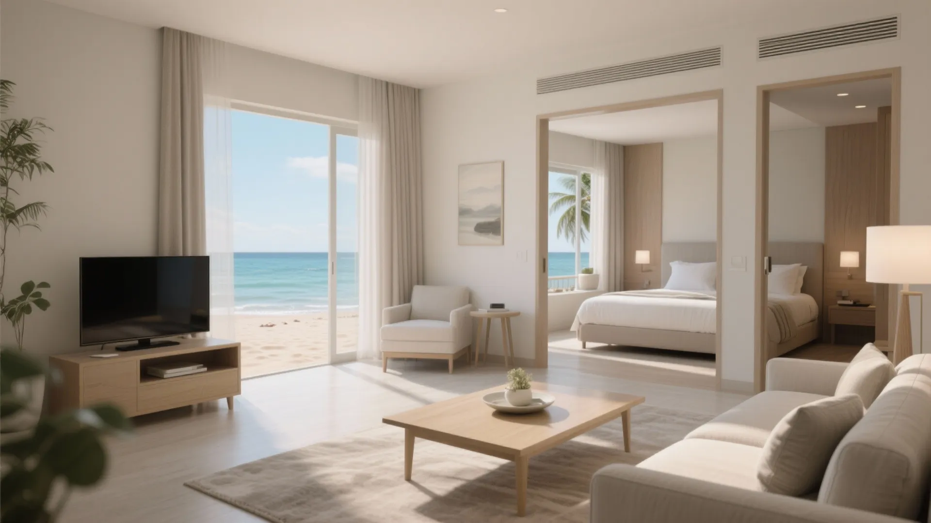 Bright living room and bedroom with beach views wooden furniture white sofa and large glass windows