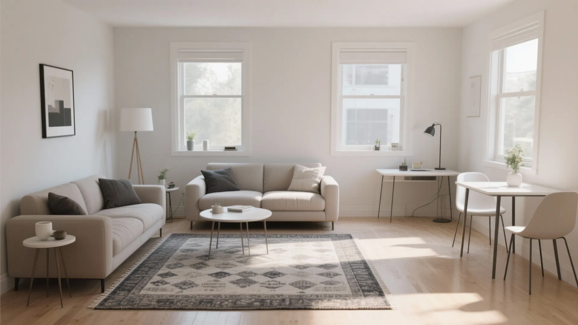 Modern bright living room with two sofas patterned rug white desk small dining table and windows