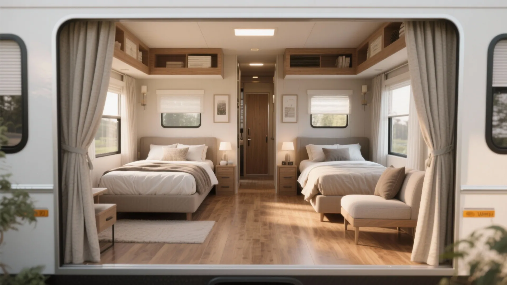 Modern caravan interior with two twin beds wooden floors overhead storage cabinets and warm light fixtures