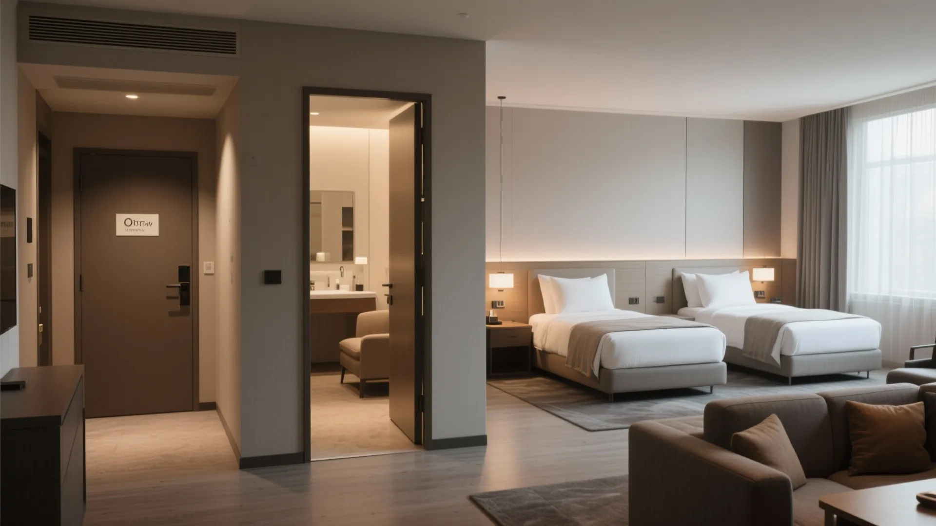 Hotel suite layout showing a clear separation between living area and two bedrooms
