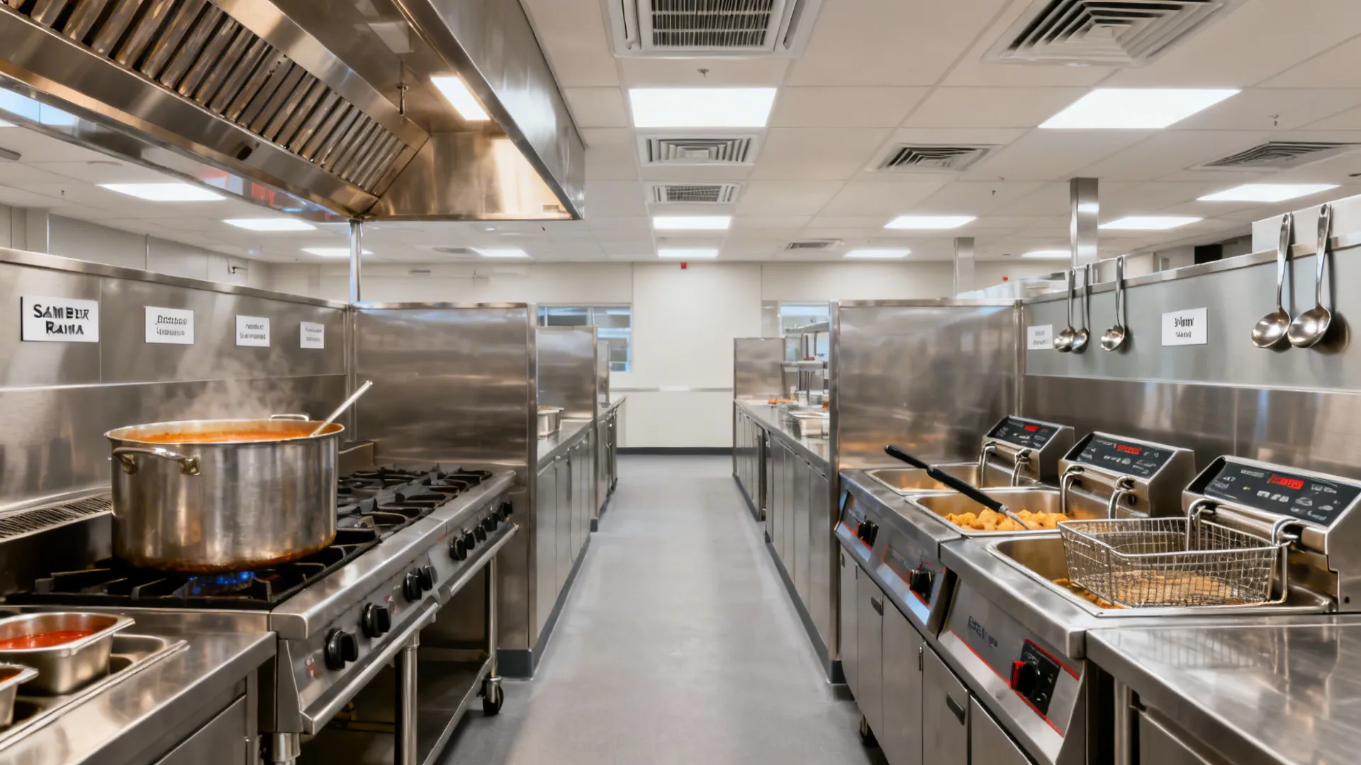 Separated sambar and fryer stations with dedicated hoods and clear aisle space.