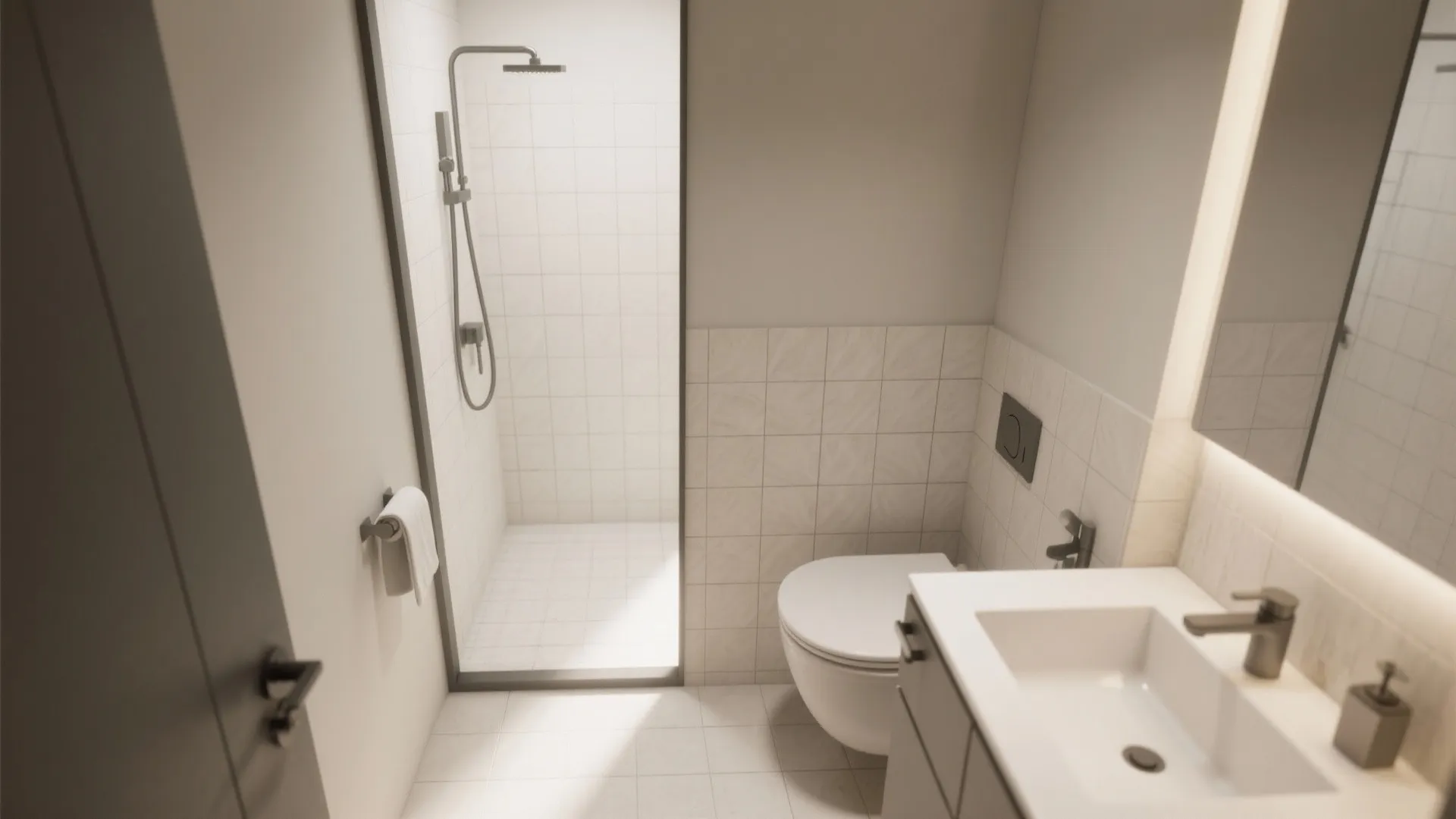 Small minimalist bathroom with white toilet vanity sink mirror and separate shower area with tiling