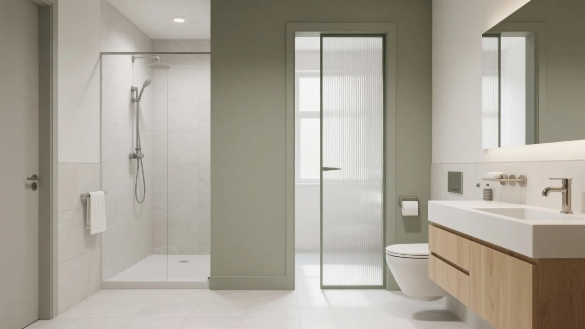 Modern bathroom featuring sage green wall walk-in shower glass door toilet and wooden cabinet unit