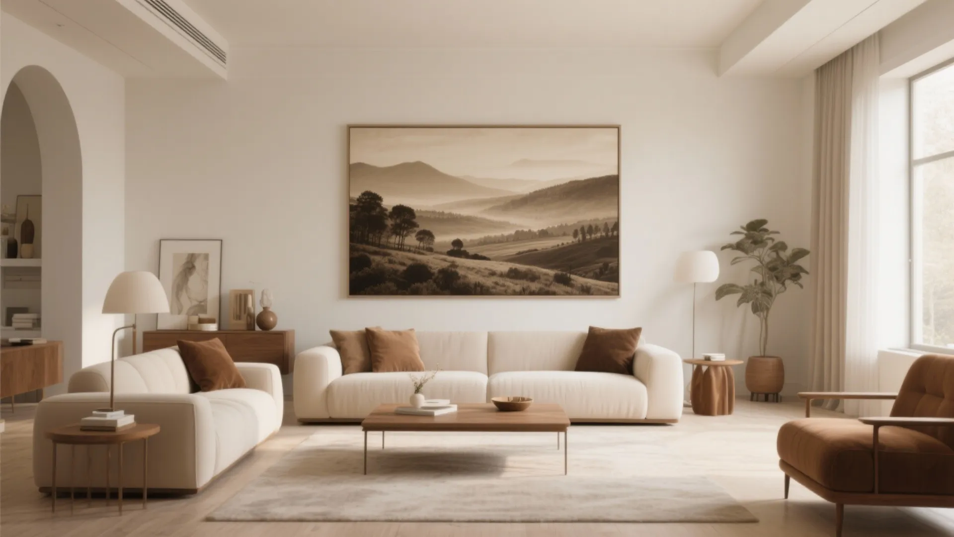 Modern living room featuring cream sofa brown pillows large landscape wall art and wooden coffee table