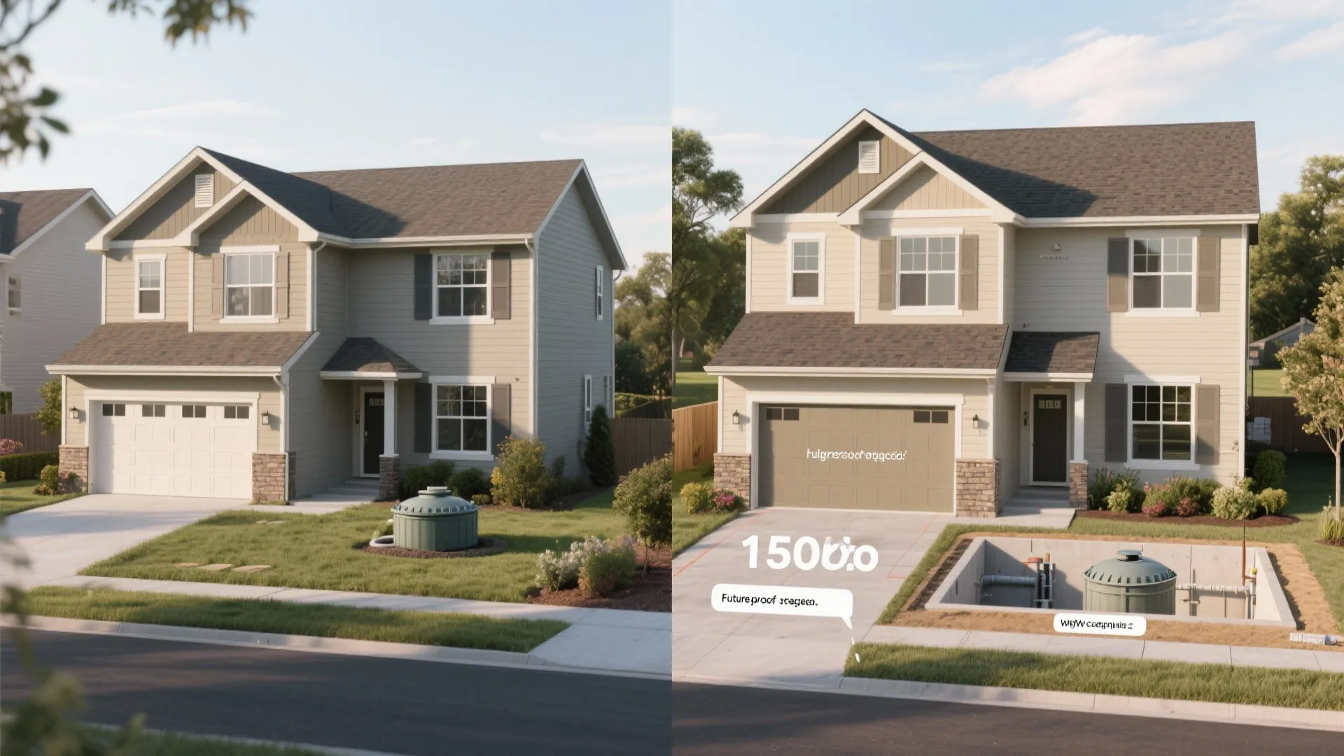 Before and after comparison showing a house with a new underground tank system near driveway
