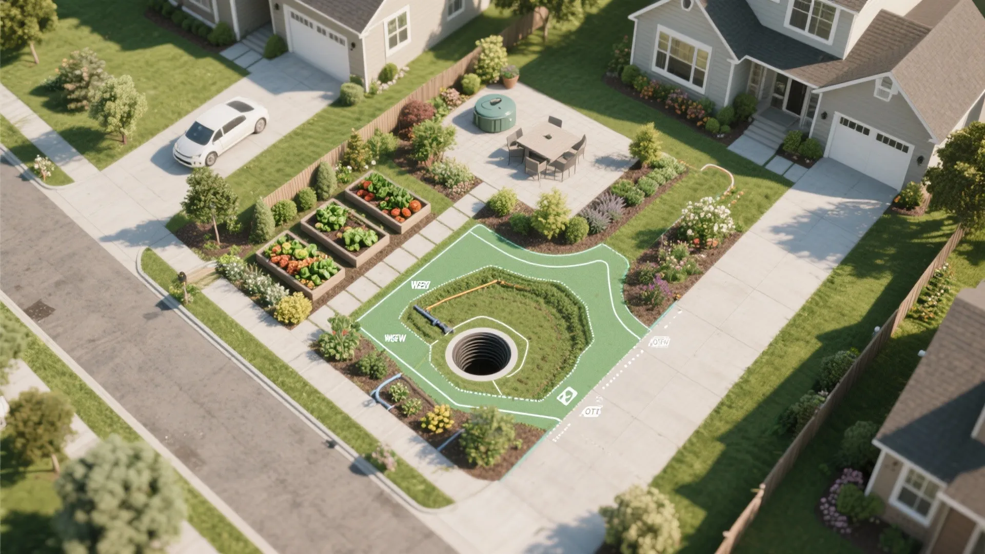 Aerial view of garden layout showing vegetable beds and highlighted underground tank system in yard