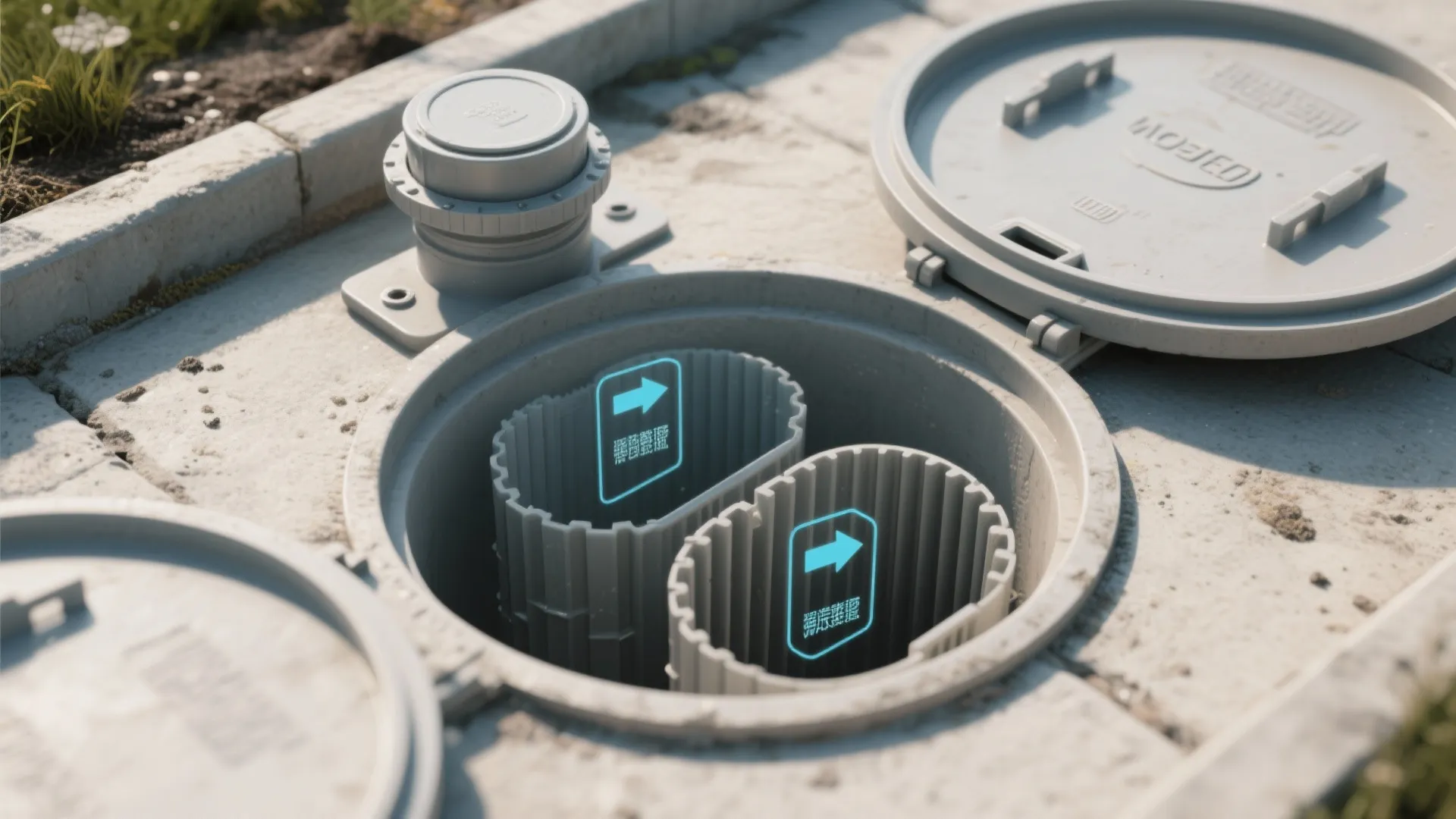 Close up view of open underground tank cover showing internal filters and blue arrow icons