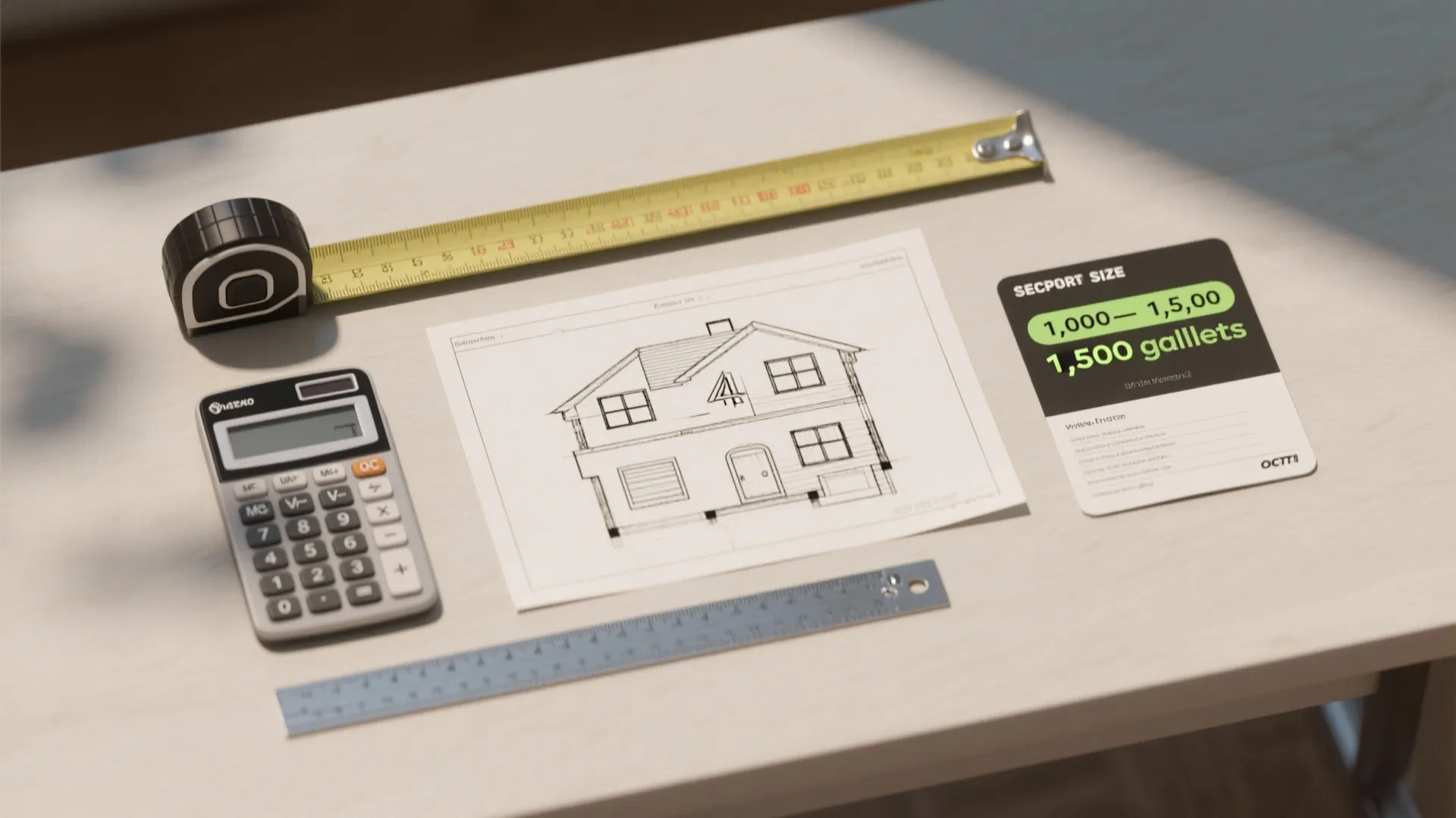 Table with house drawing calculator measuring tape and card showing gallon size for septic tank