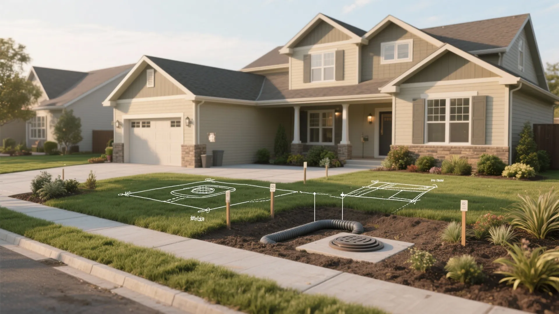 Modern house front yard with white line drawing showing underground pipe and waste system layout