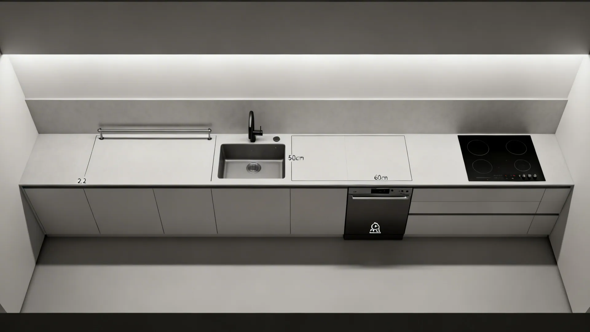 Top-down layout showing sink, uninterrupted prep zone, and cooktop sequenced along a 3.2 m run.