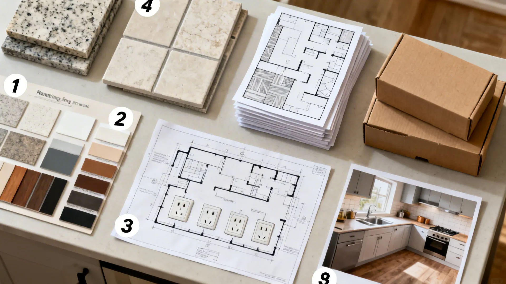 Top-down storyboard of backsplash planning steps from counter choice to dry-fit approval.