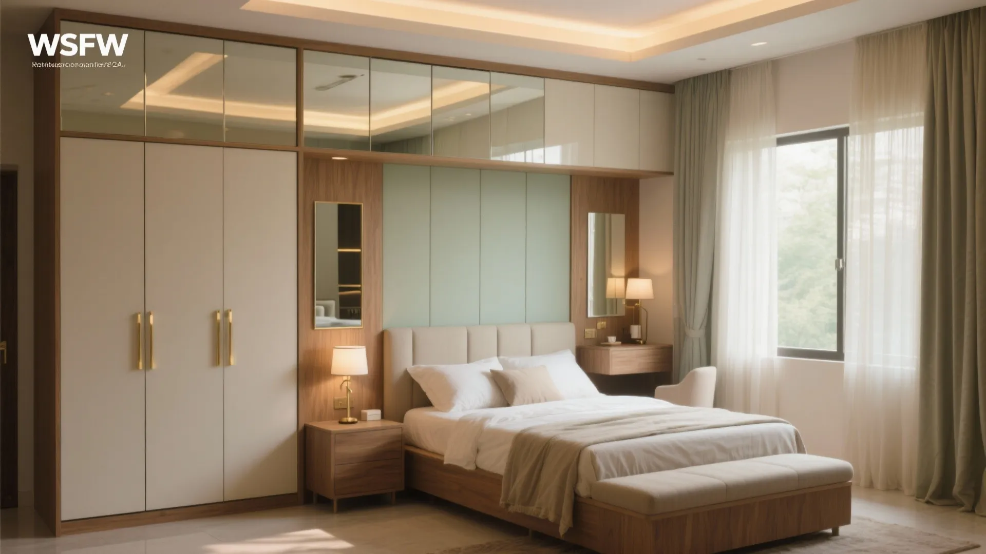 Bedroom serenity: ceiling-high wardrobes and layered light