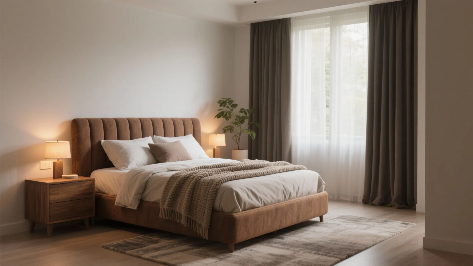 Bedroom serenity with warm woods and soft textures