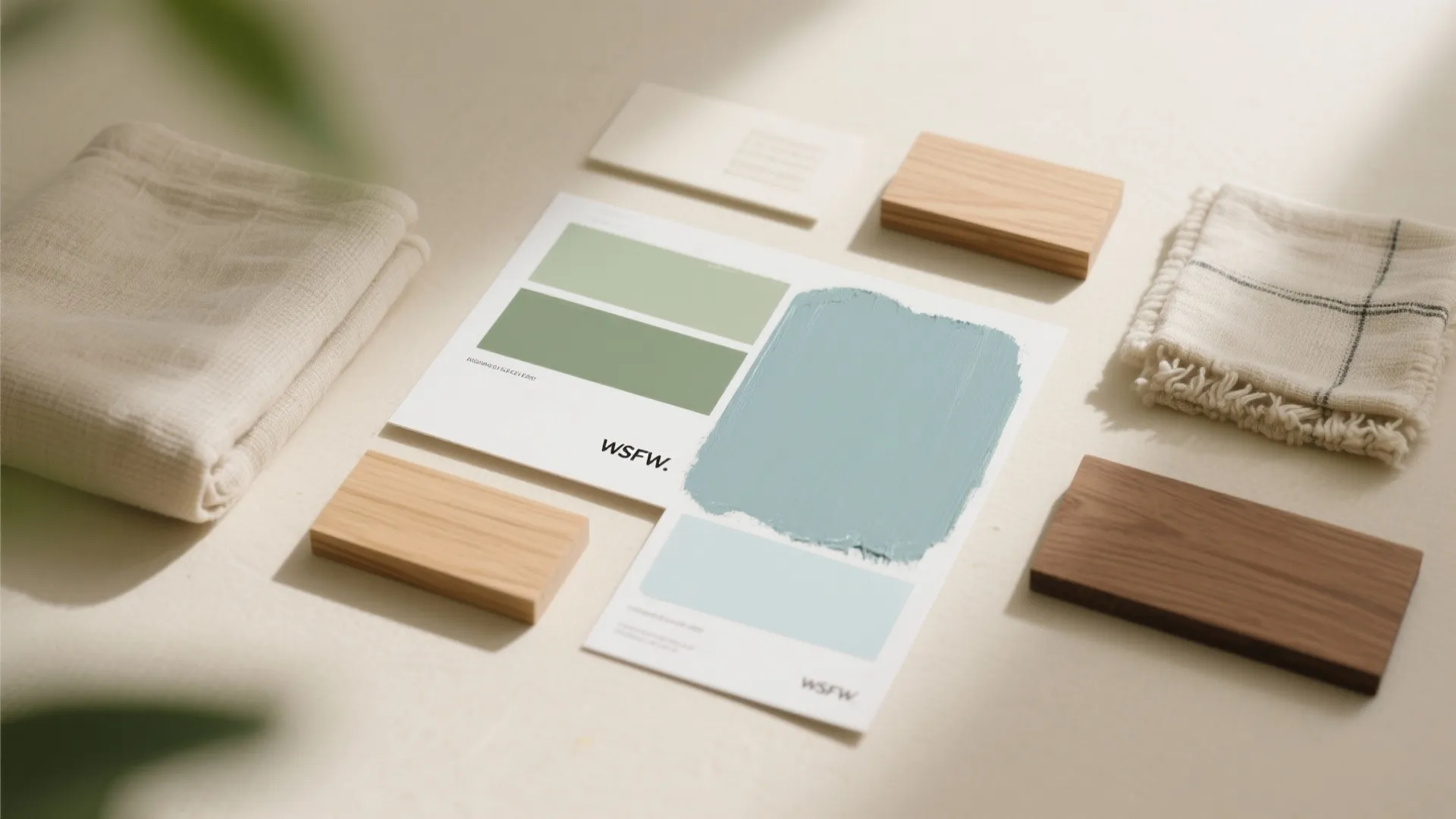 Interior design color palette with green and blue paint swatches wood samples and soft fabric
